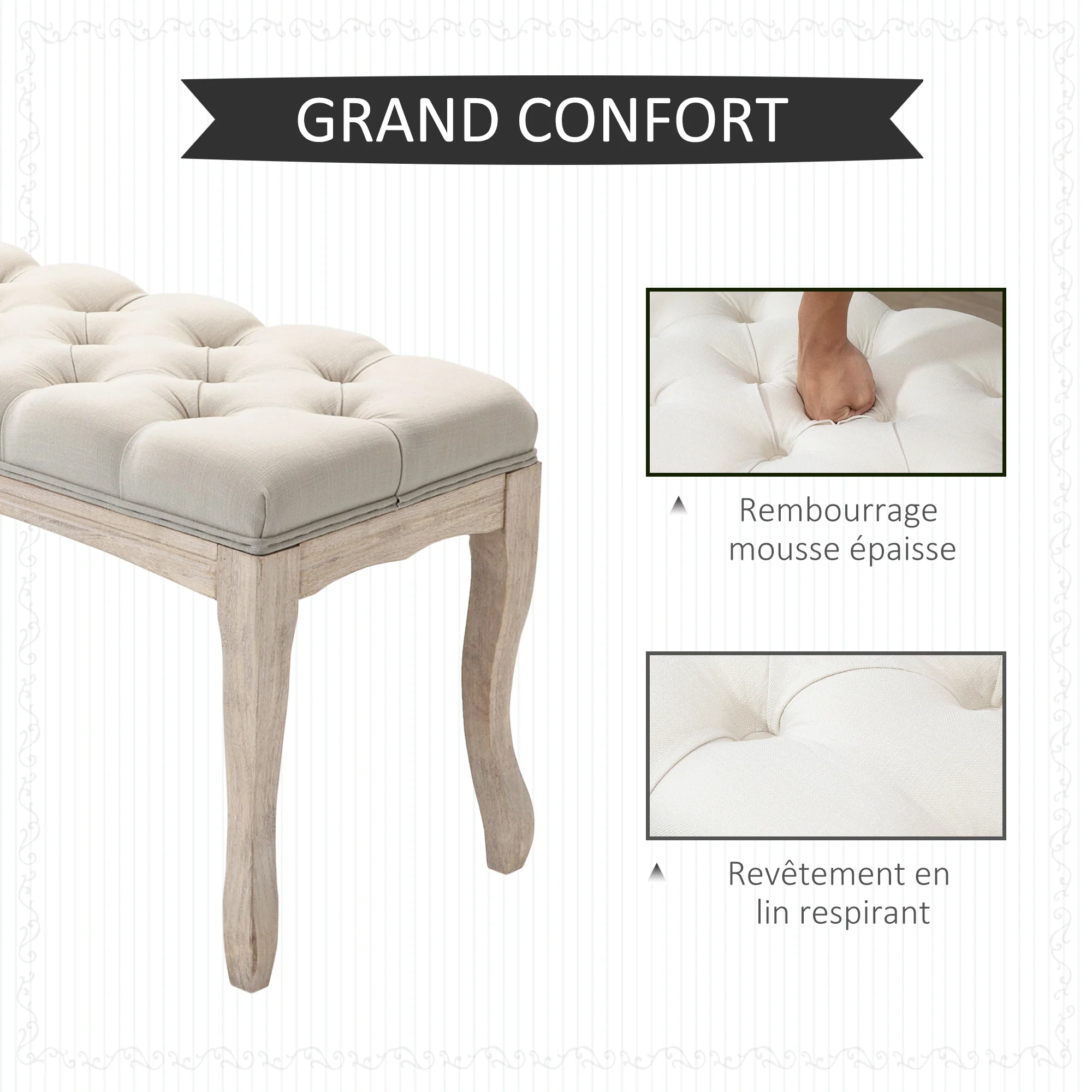 Banc Banquette capitonnée Style Classique 110 cm Bout de lit Rembourrée en lin piètement Bois hévéa sculpté Lin Beige - Image 5