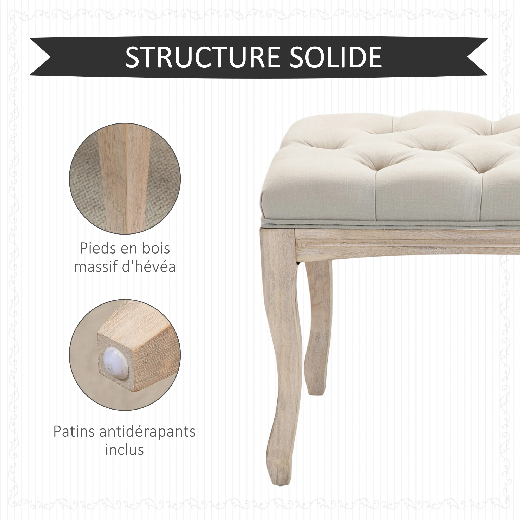 Banc Banquette capitonnée Style Classique 110 cm Bout de lit Rembourrée en lin piètement Bois hévéa sculpté Lin Beige - Image 6
