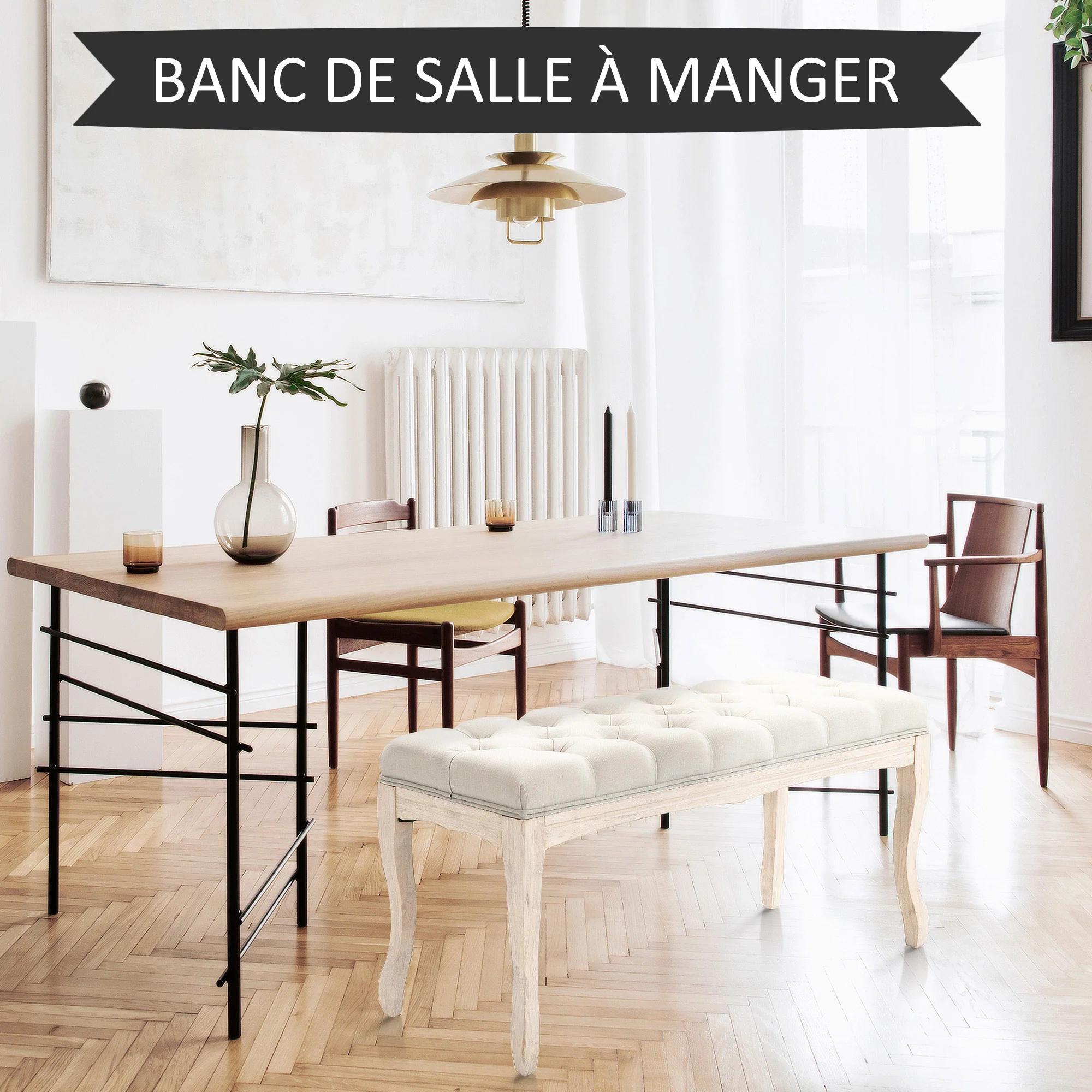 Banc Banquette capitonnée Style Classique 110 cm Bout de lit Rembourrée en lin piètement Bois hévéa sculpté Lin Beige - Image 7