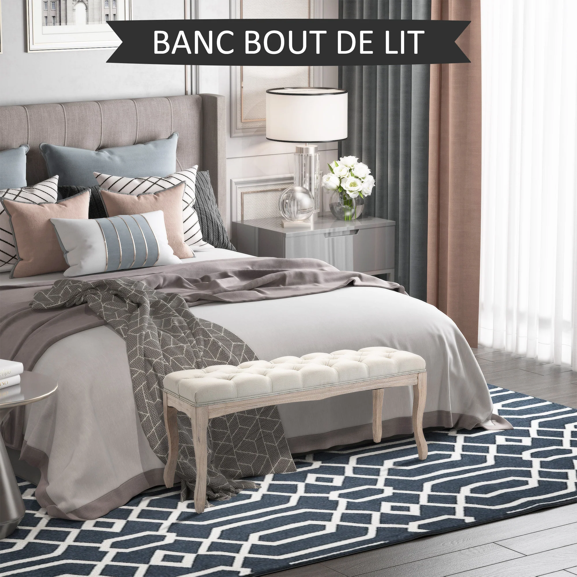 Banc Banquette capitonnée Style Classique 110 cm Bout de lit Rembourrée en lin piètement Bois hévéa sculpté Lin Beige - Image 8