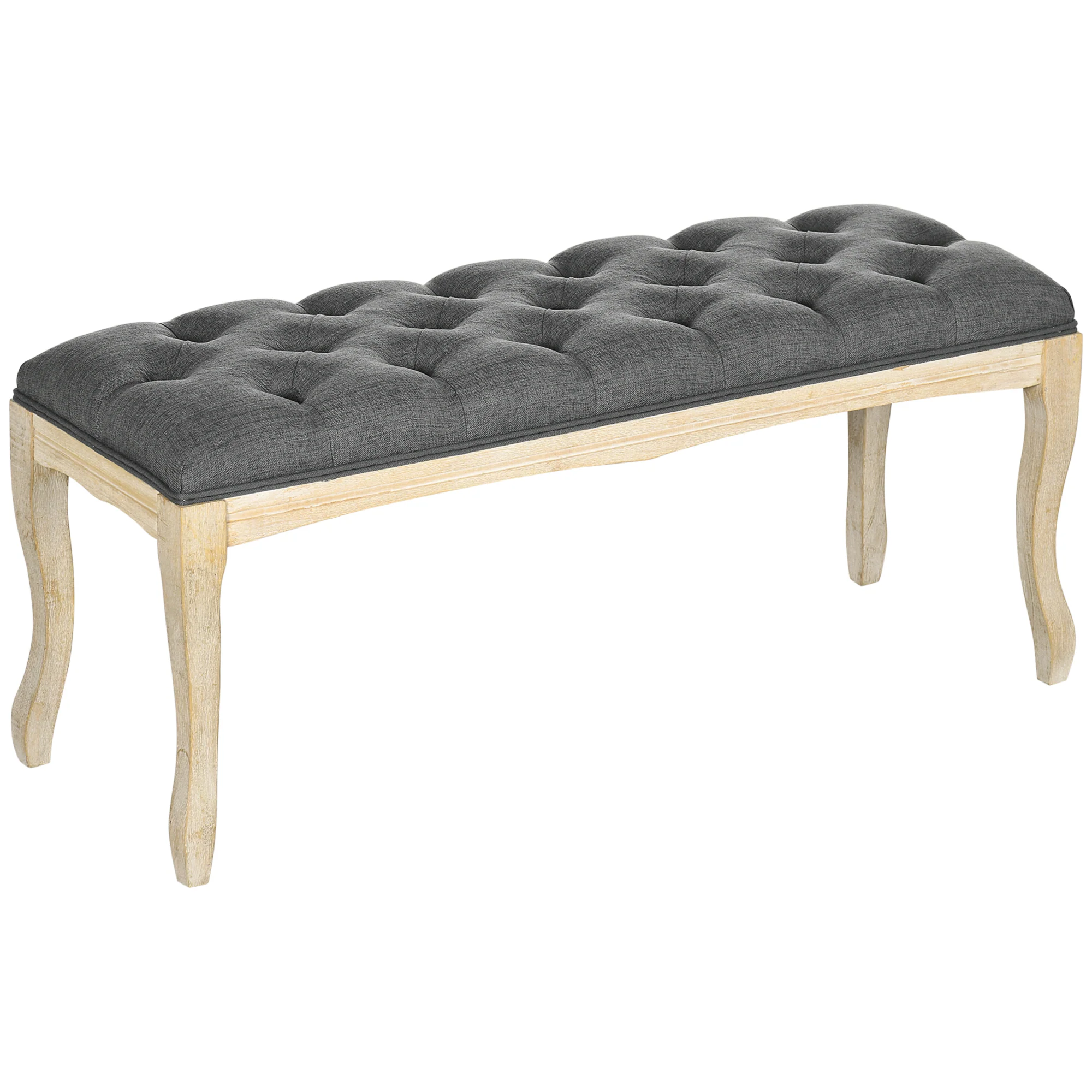 Banc Banquette capitonnée Style Classique 110 cm Bout de lit Rembourrée en lin piètement Bois hévéa sculpté Lin Gris - Image 2