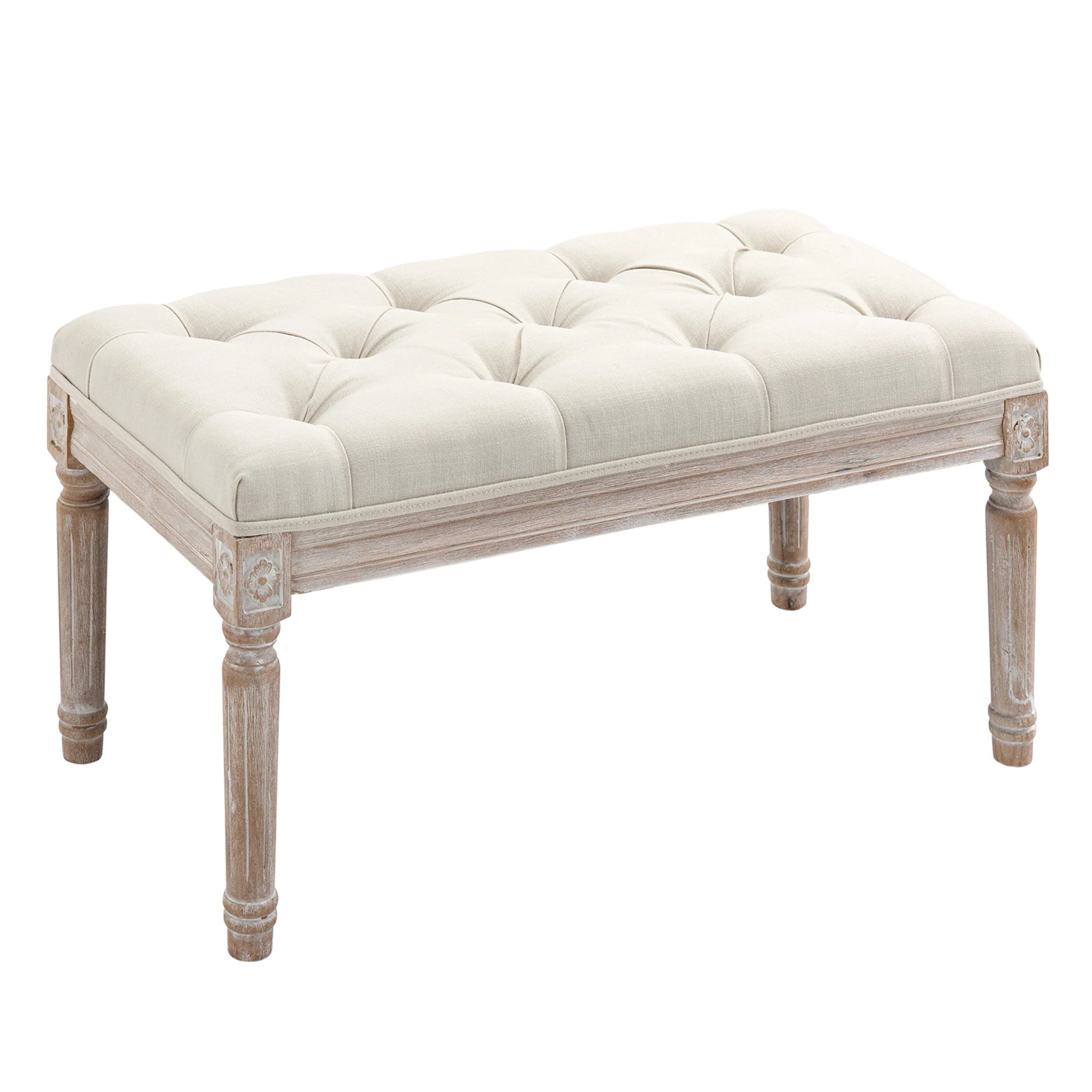 Banc Banquette classique capitonné 80cm bout de lit Rembourrée en lin - bois d'hévéa sculpté, patiné - beige - Image 2