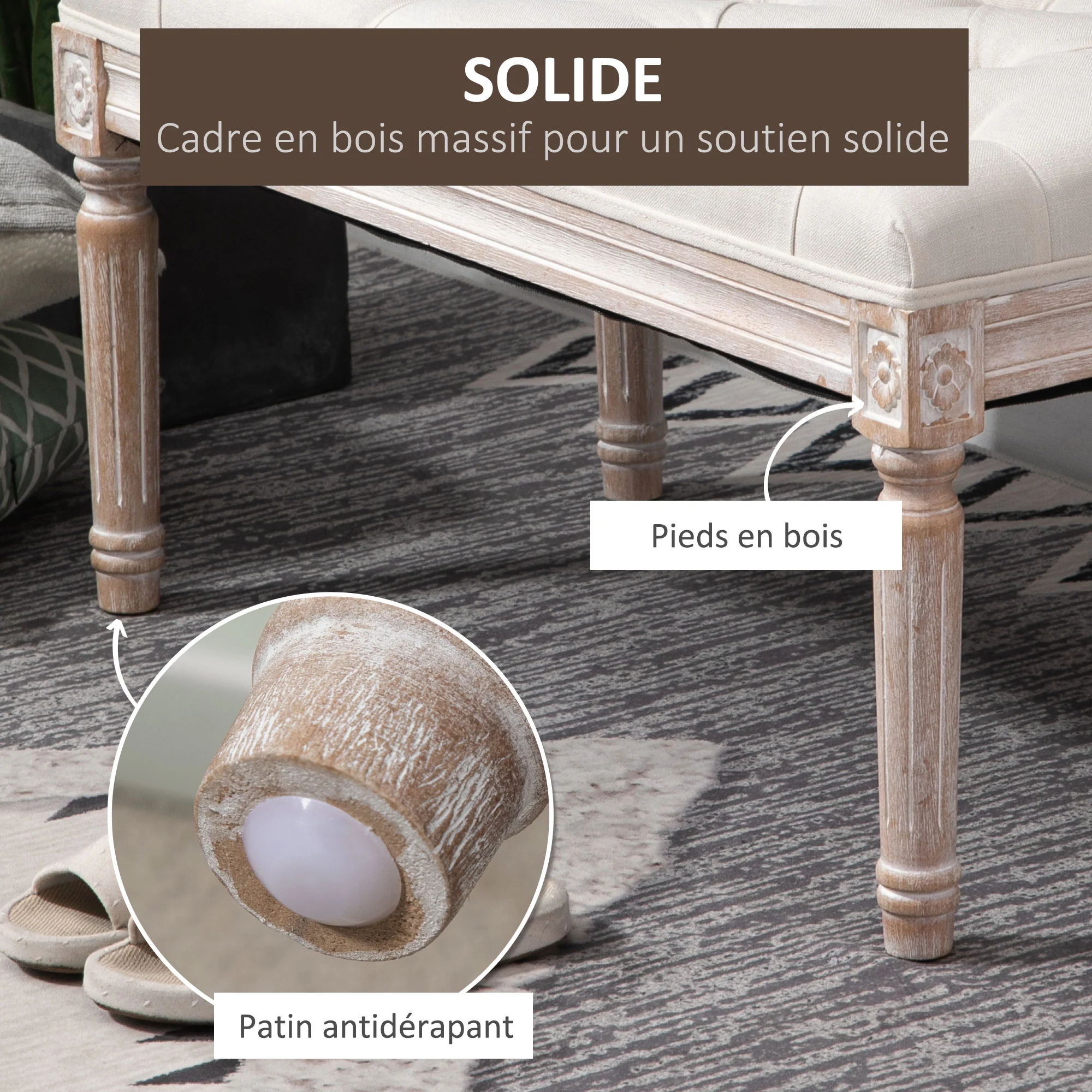 Banc Banquette classique capitonné 80cm bout de lit Rembourrée en lin - bois d'hévéa sculpté, patiné - beige - Image 6