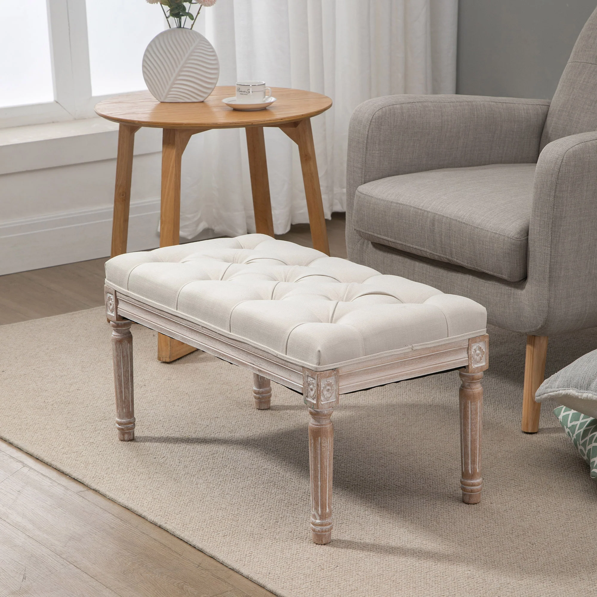 Banc Banquette classique capitonné 80cm bout de lit Rembourrée en lin - bois d'hévéa sculpté, patiné - beige - Image 8