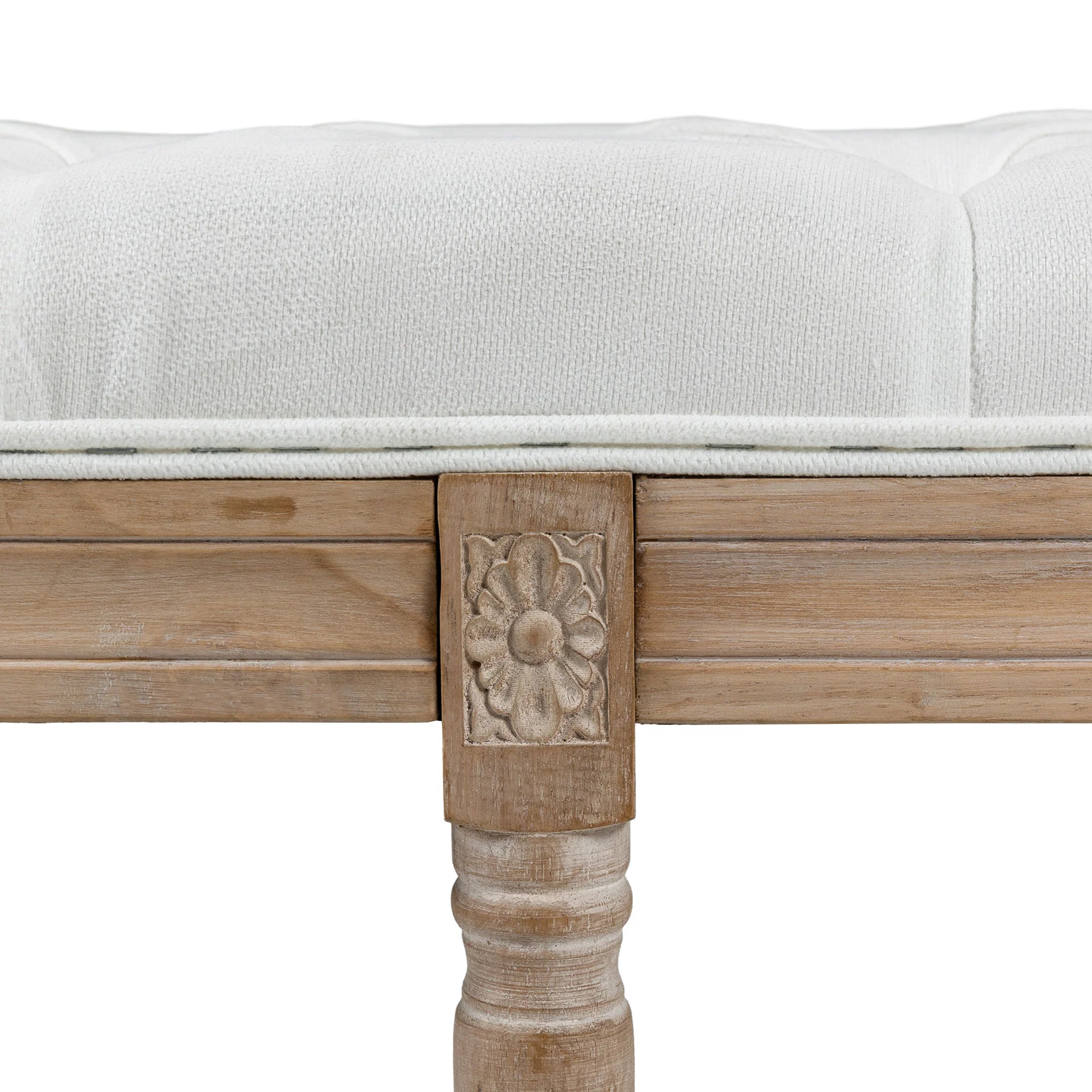 Banc bout de lit banquette capitonnée style vintage fran?ais rembourrage épais revêtement tissu aspect lin pieds en bois massif crème - Image 10