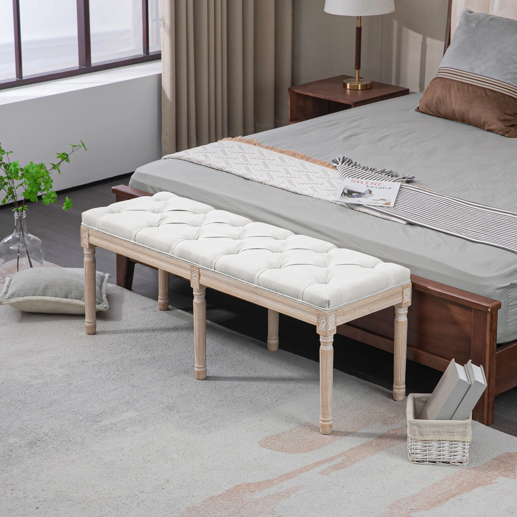 Banc bout de lit banquette capitonnée style vintage fran?ais rembourrage épais revêtement tissu aspect lin pieds en bois massif crème - Image 3