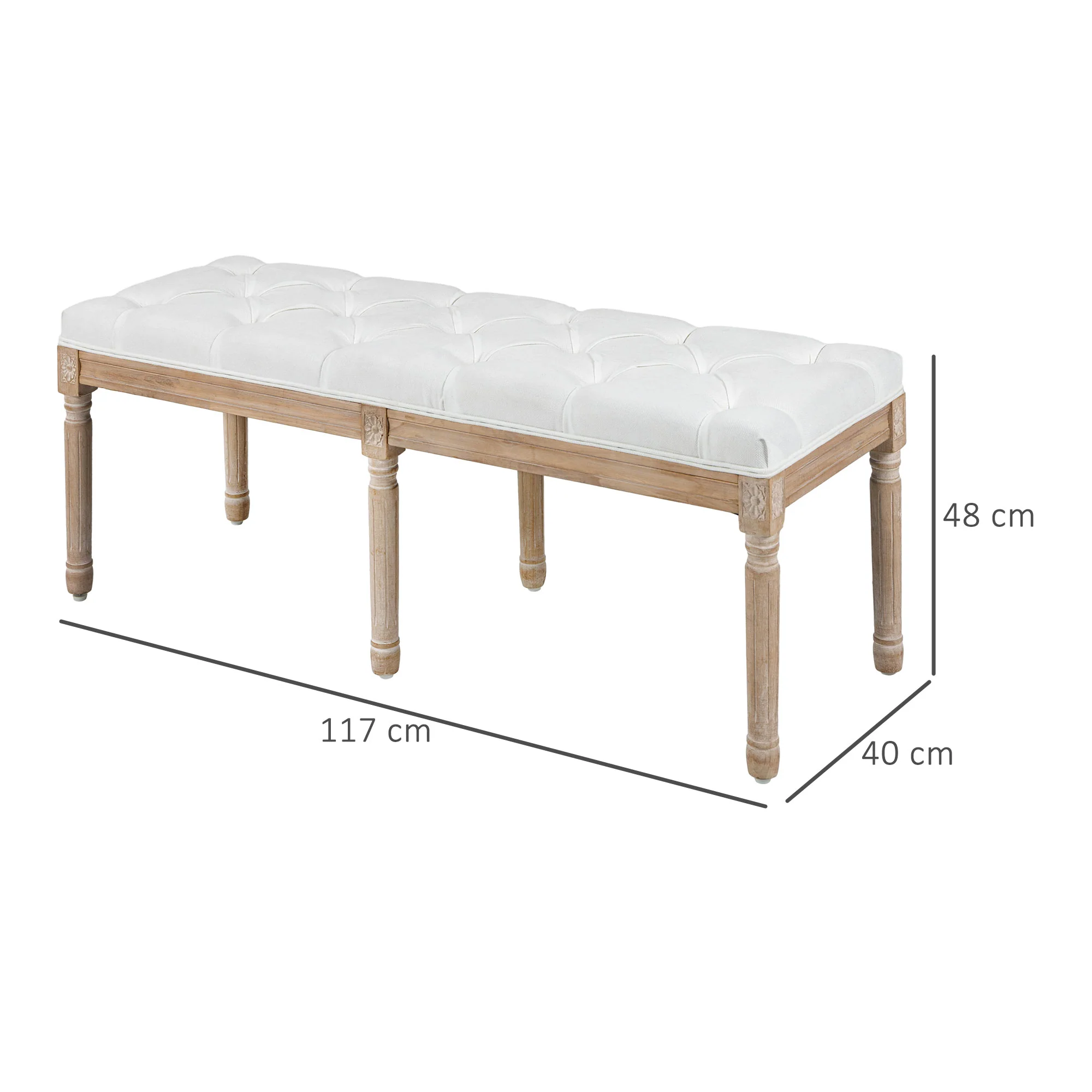 Banc bout de lit banquette capitonnée style vintage fran?ais rembourrage épais revêtement tissu aspect lin pieds en bois massif crème - Image 4