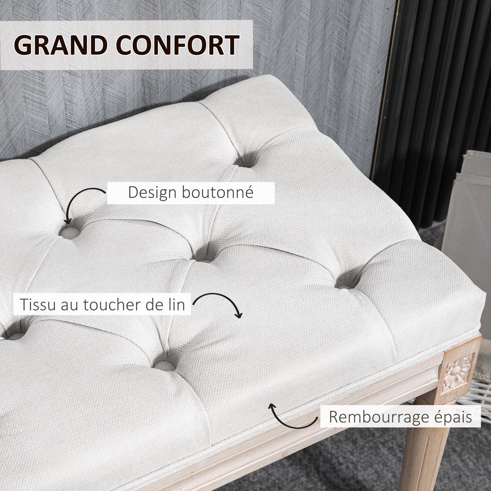 Banc bout de lit banquette capitonnée style vintage fran?ais rembourrage épais revêtement tissu aspect lin pieds en bois massif crème - Image 5