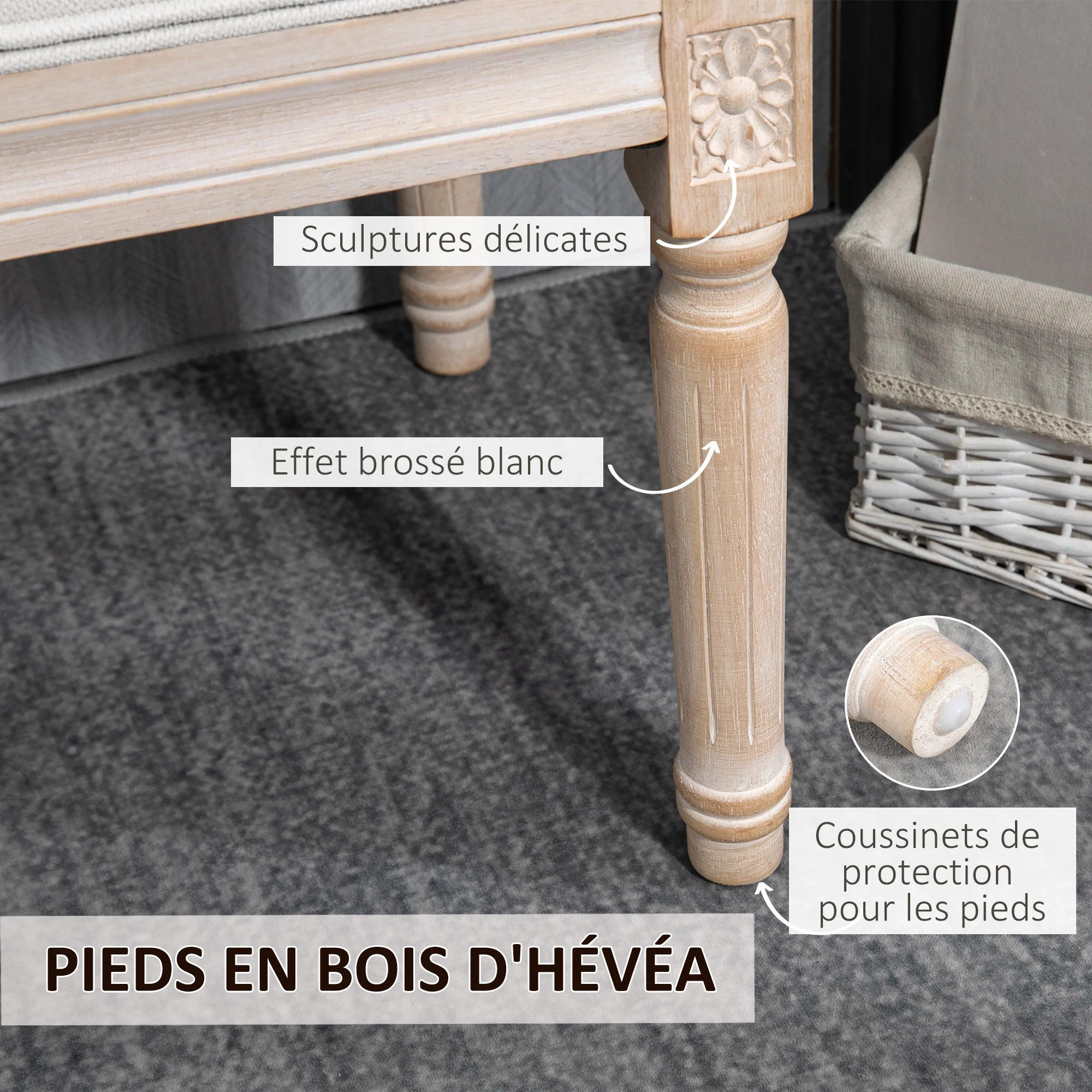 Banc bout de lit banquette capitonnée style vintage fran?ais rembourrage épais revêtement tissu aspect lin pieds en bois massif crème - Image 6