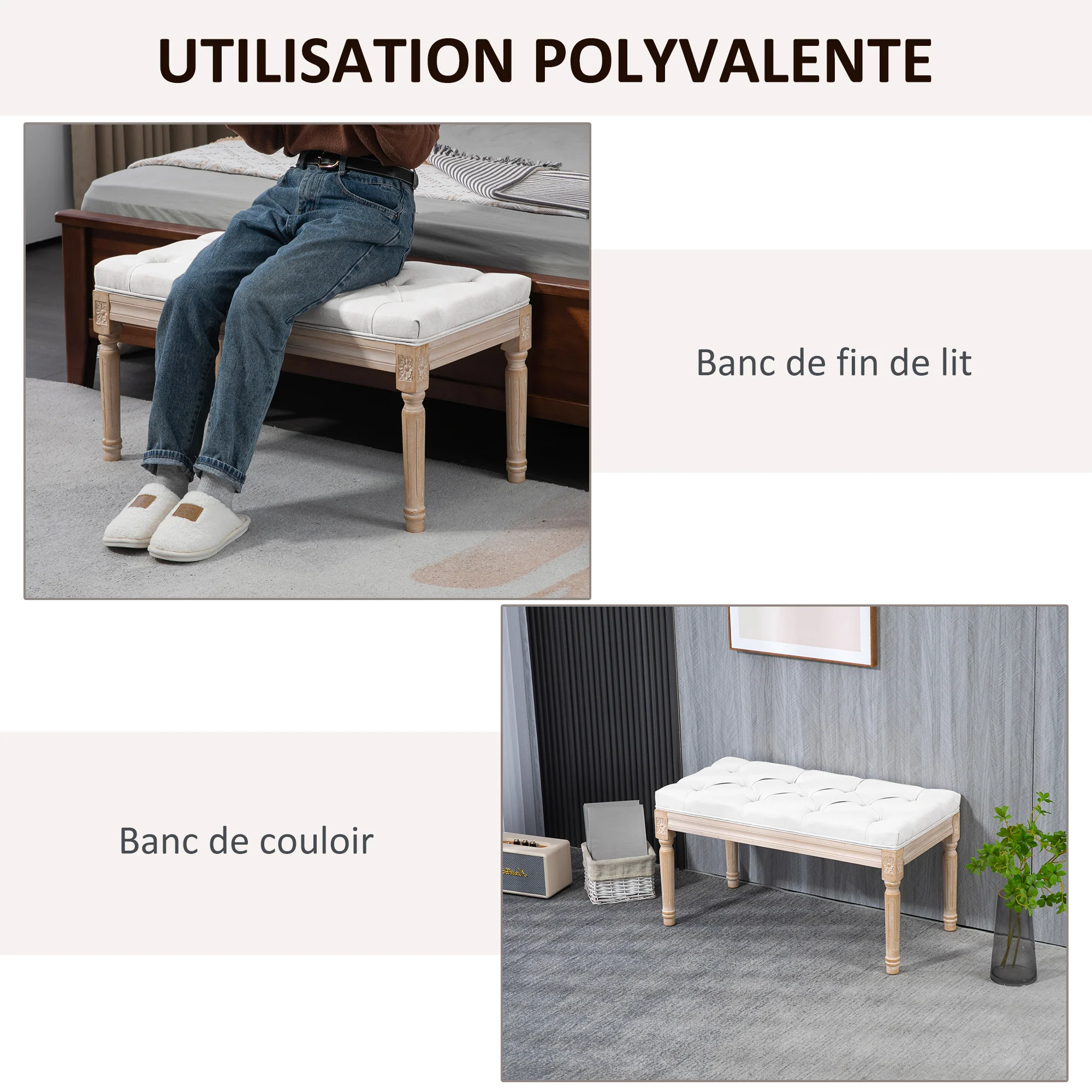 Banc bout de lit banquette capitonnée style vintage fran?ais rembourrage épais revêtement tissu aspect lin pieds en bois massif crème - Image 7