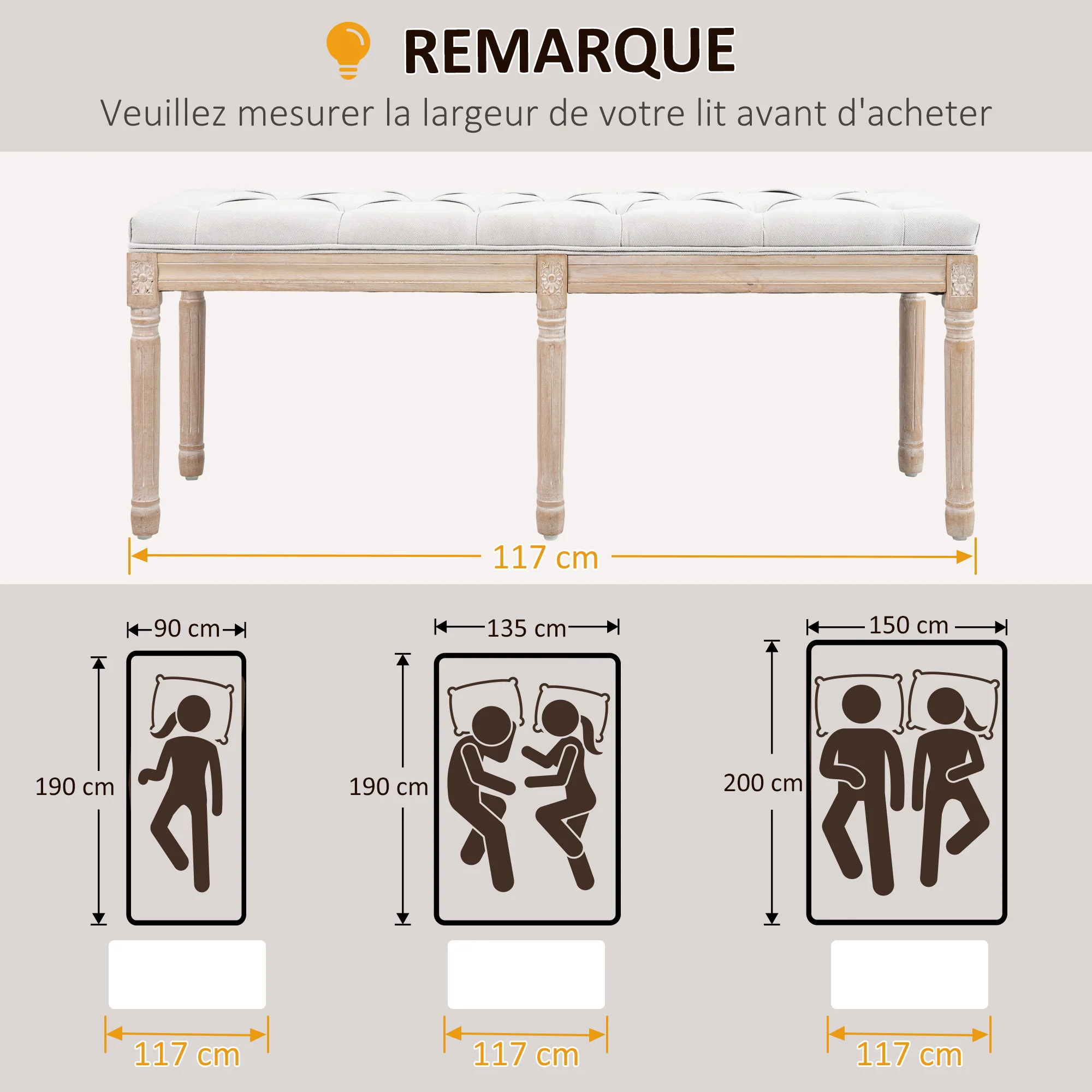 Banc bout de lit banquette capitonnée style vintage fran?ais rembourrage épais revêtement tissu aspect lin pieds en bois massif crème - Image 8