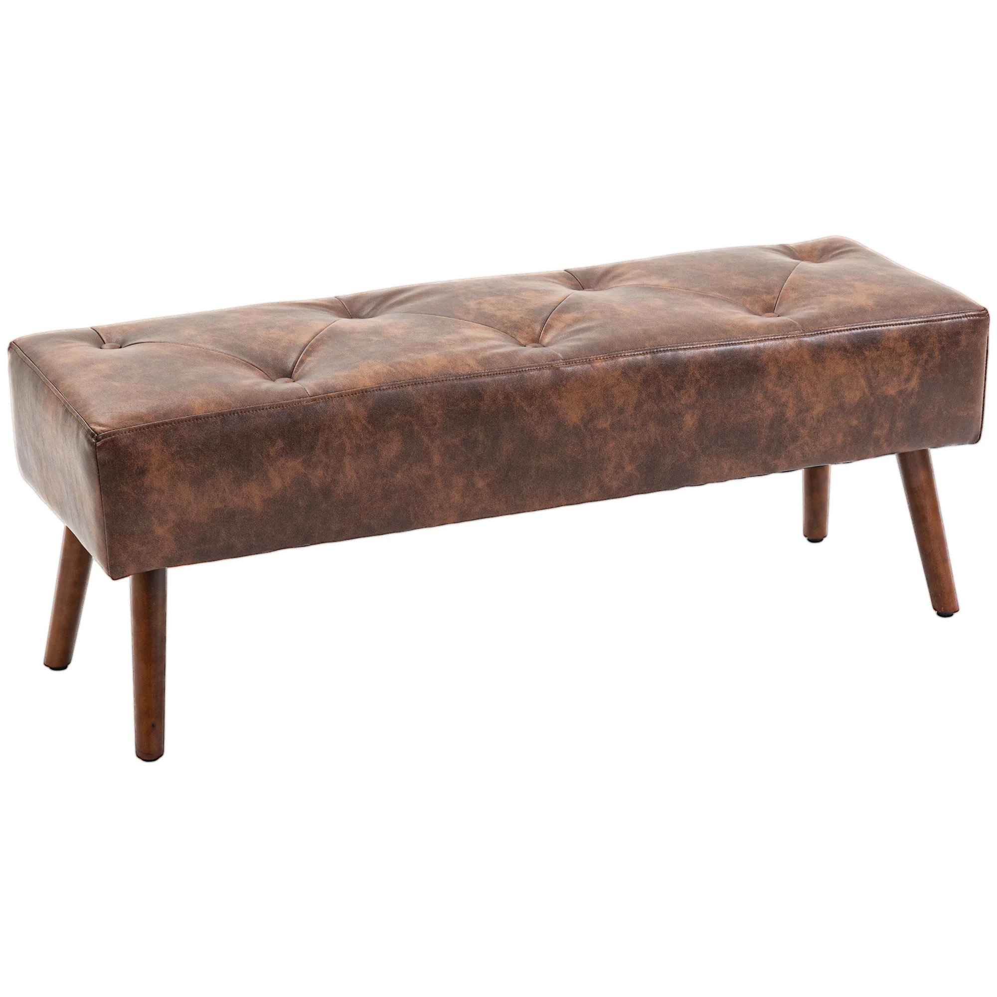 Banc bout de lit banquette capitonnée style vintage revêtement synthétique 114 x 38 x 42 cm piètement bois banc rembourré marron effet vieilli - Image 2