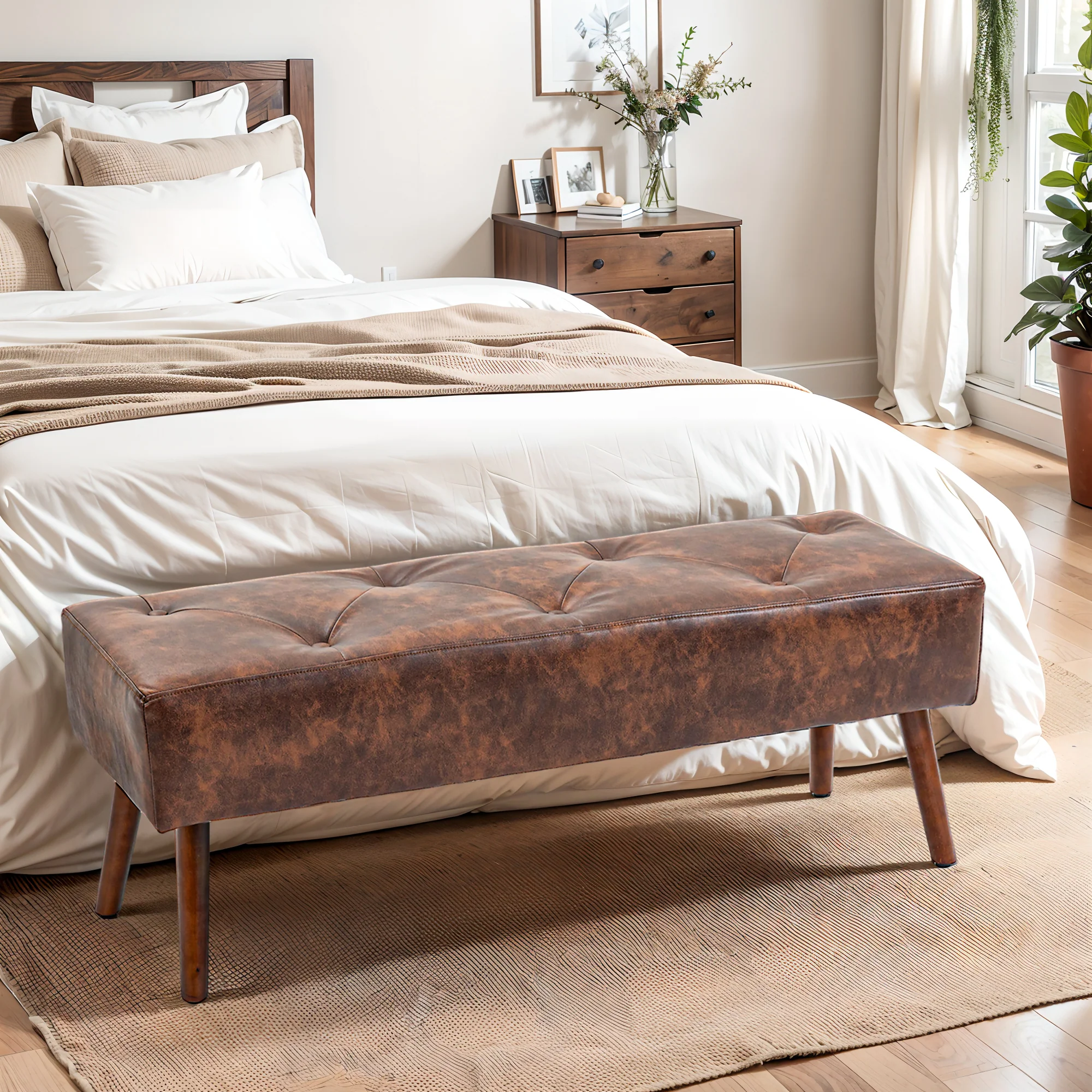 Banc bout de lit banquette capitonnée style vintage revêtement synthétique 114 x 38 x 42 cm piètement bois banc rembourré marron effet vieilli - Image 3