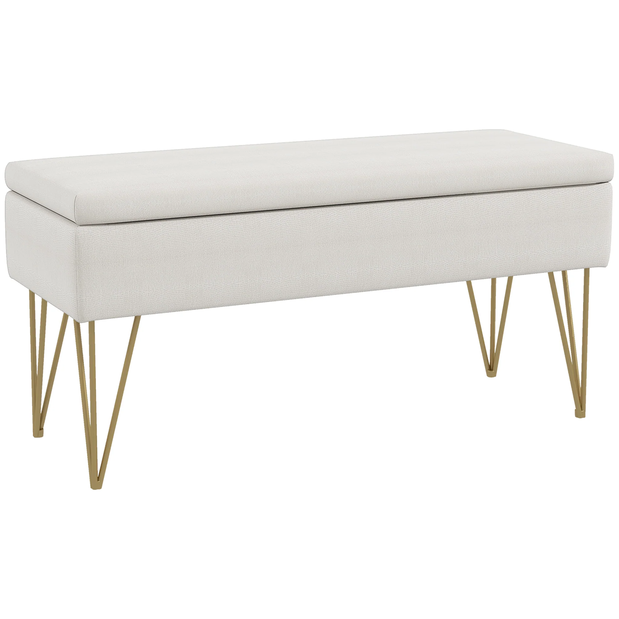 Banc bout de lit banquette coffre de rangement 2 en 1 en tissu aspect lin avec pieds épingle en acier doré 100 x 40 x 49 cm crème - Image 2