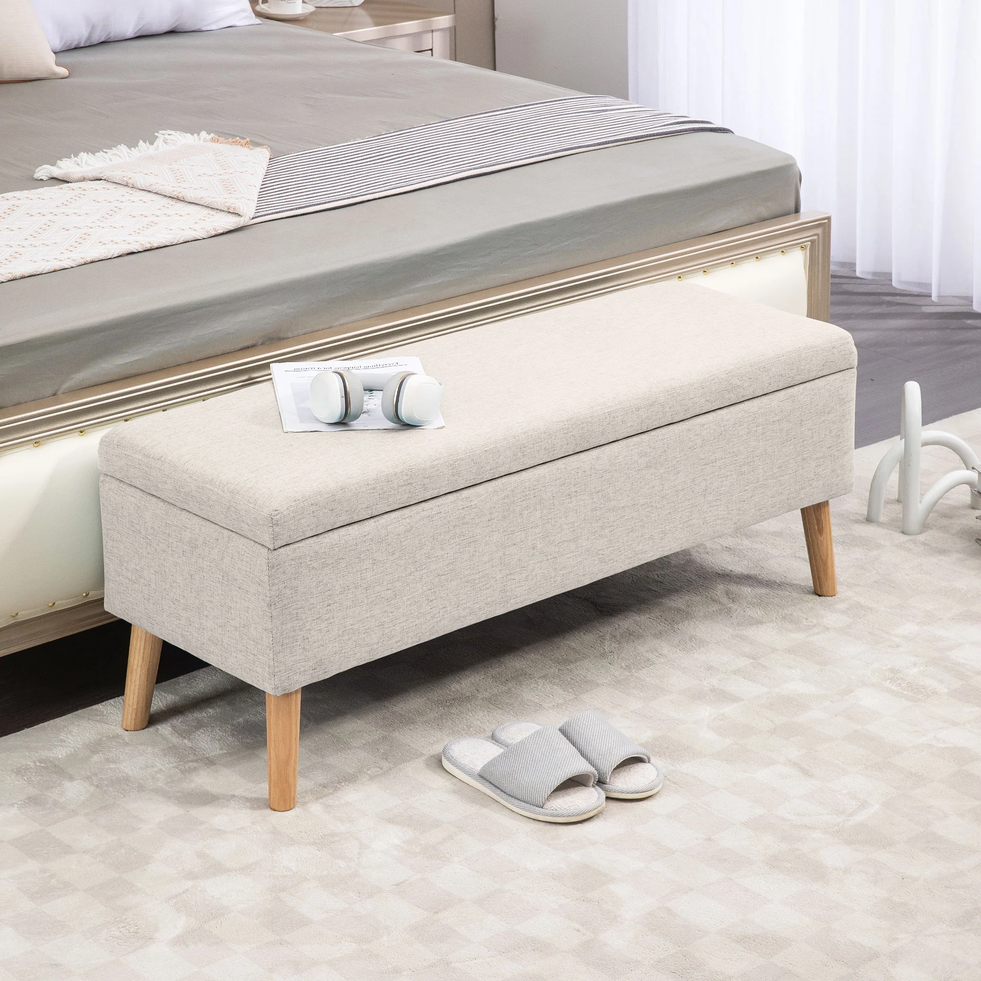 Banc coffre rangement rembourré banquette banc de lit, banc de rangement aspect lin pour la chambre à coucher, entrée, salon, charge 220 Kg, 110 x 39 x 45 cm, beige - Image 3