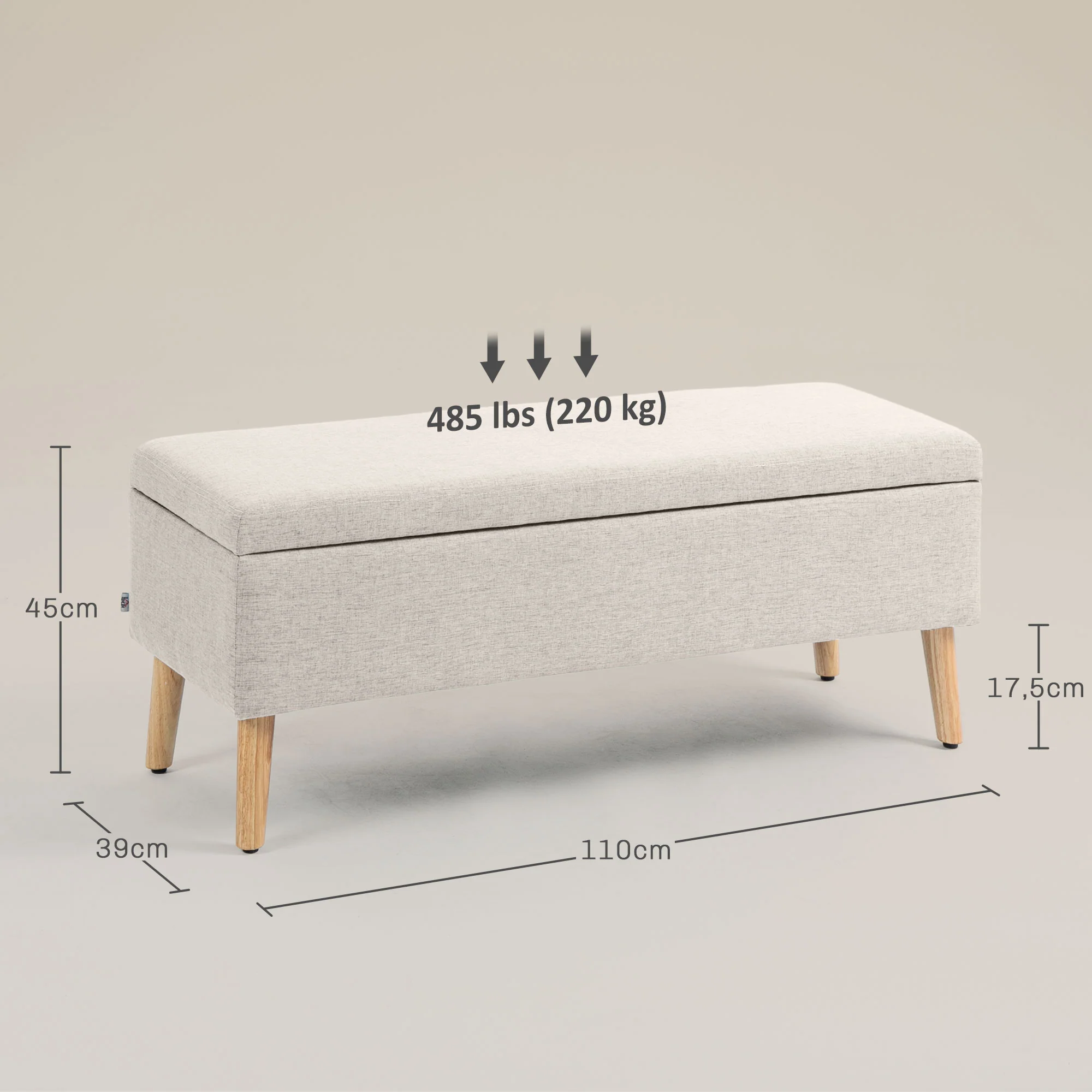 Banc coffre rangement rembourré banquette banc de lit, banc de rangement aspect lin pour la chambre à coucher, entrée, salon, charge 220 Kg, 110 x 39 x 45 cm, beige - Image 4