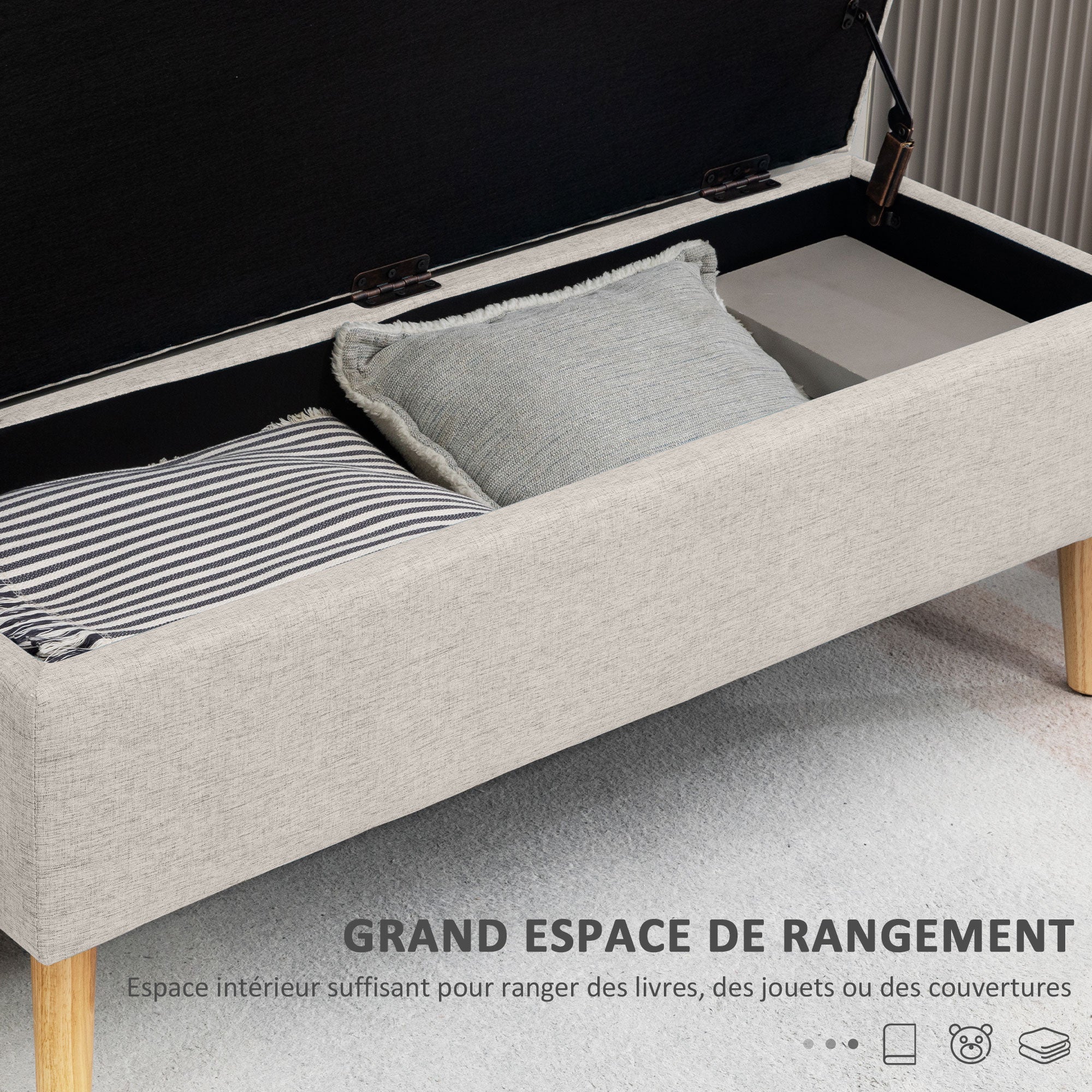 Banc coffre rangement rembourré banquette banc de lit, banc de rangement aspect lin pour la chambre à coucher, entrée, salon, charge 220 Kg, 110 x 39 x 45 cm, beige - Image 5