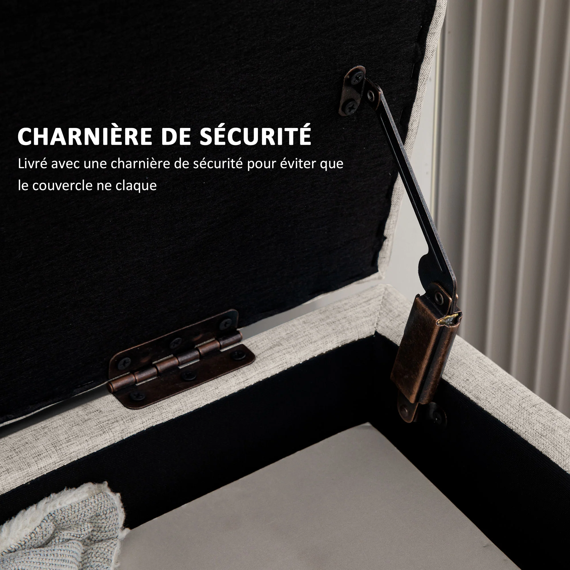 Banc coffre rangement rembourré banquette banc de lit, banc de rangement aspect lin pour la chambre à coucher, entrée, salon, charge 220 Kg, 110 x 39 x 45 cm, beige - Image 8