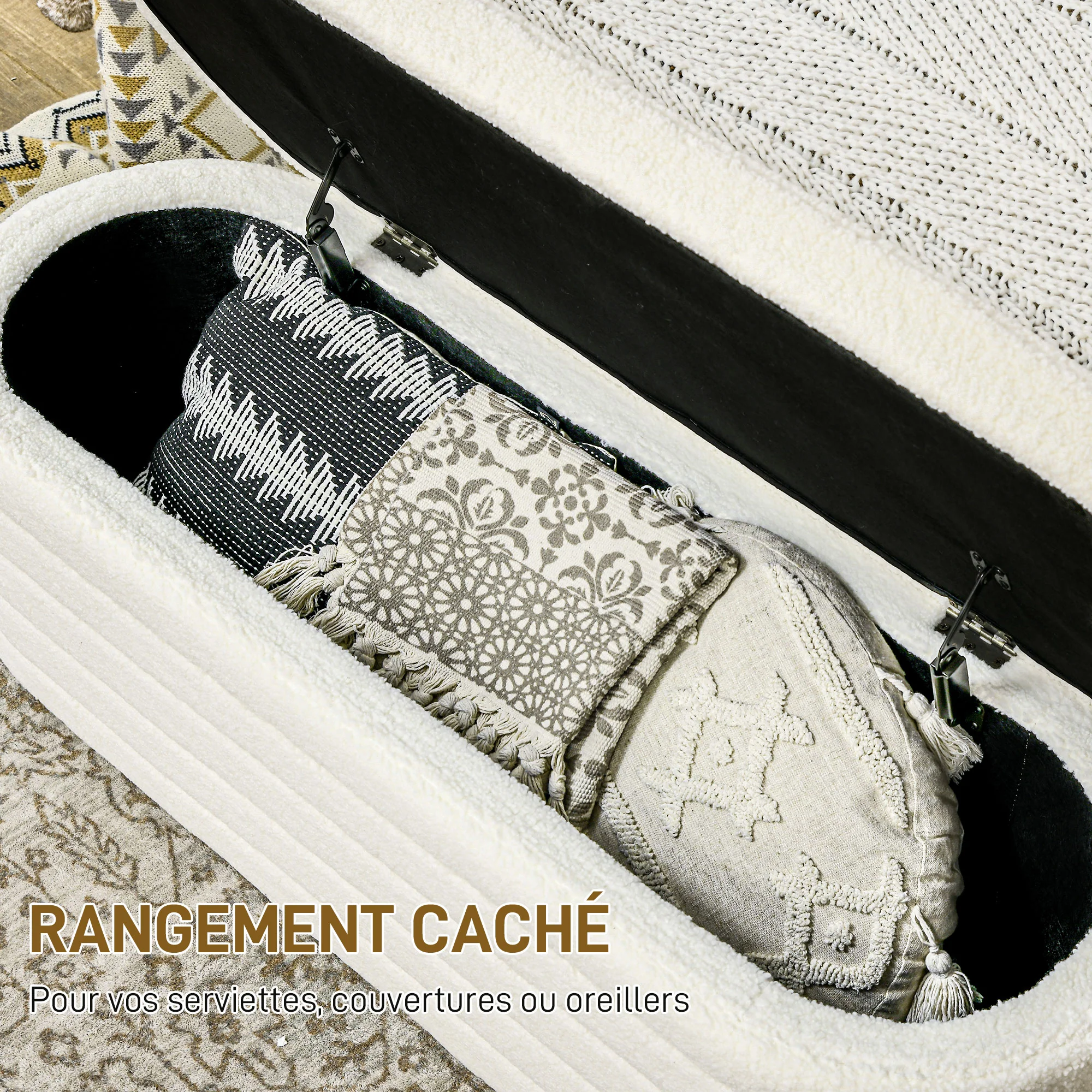 Banc de bout de lit banquette coffre de rangement 2 en 1 rembourré en polaire avec cadre en bois, banc de rangement crème - Image 5