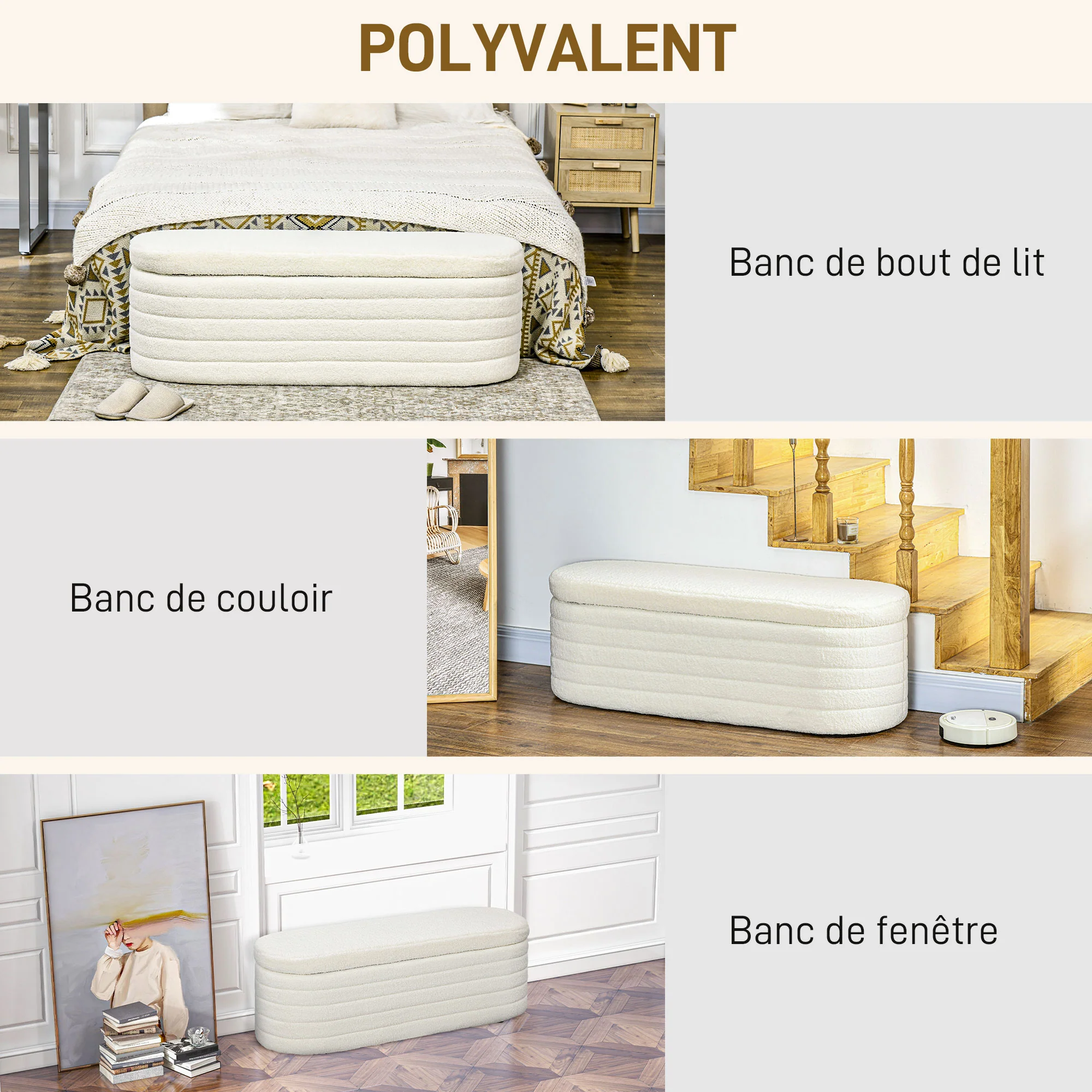 Banc de bout de lit banquette coffre de rangement 2 en 1 rembourré en polaire avec cadre en bois, banc de rangement crème - Image 7