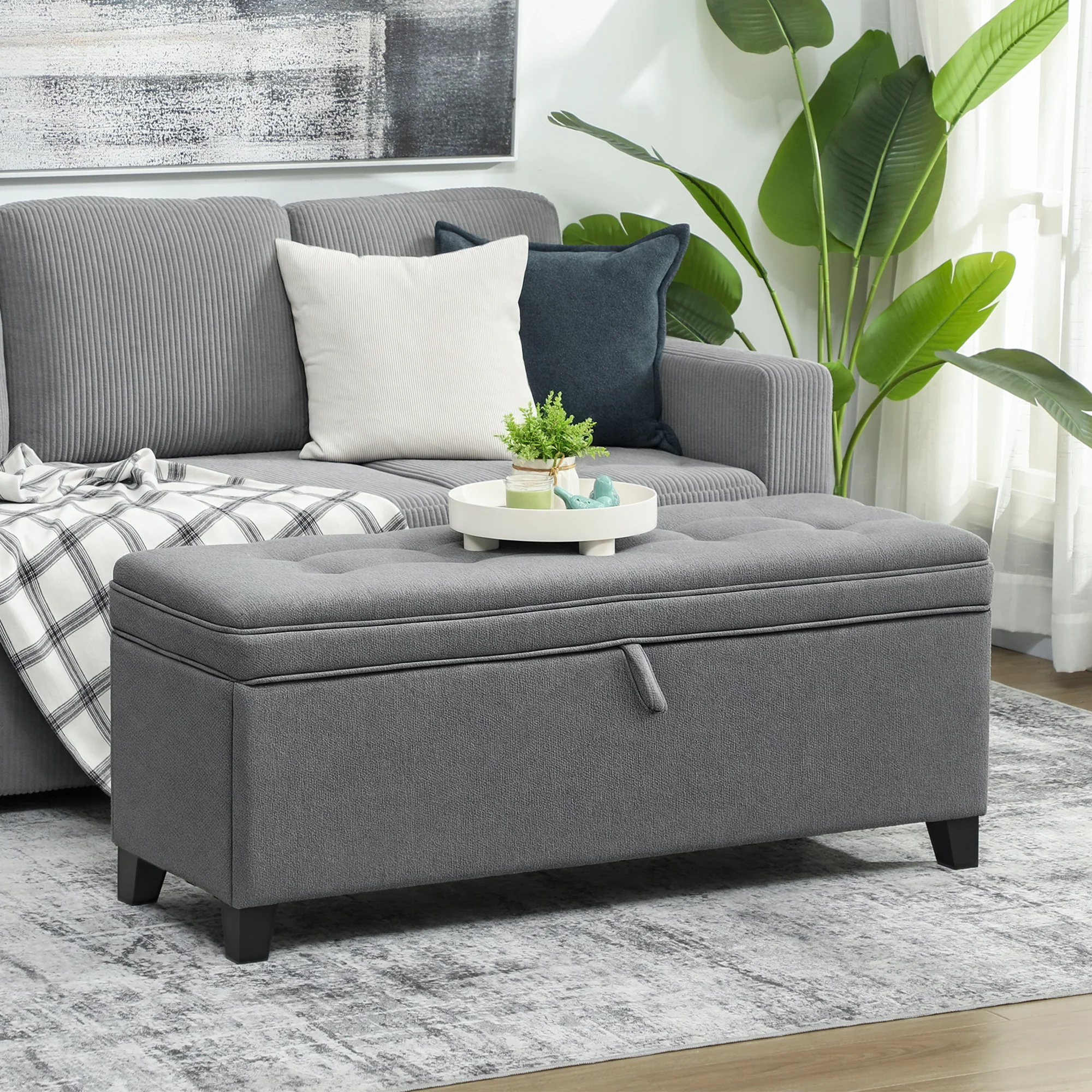 Banc de rangement 112L banquette bout de lit coffre de rangement avec siège capitonné, tissu de lin, pour salon, chambre, entrée, 120 x 40 x 48 cm, gris foncé - Image 3