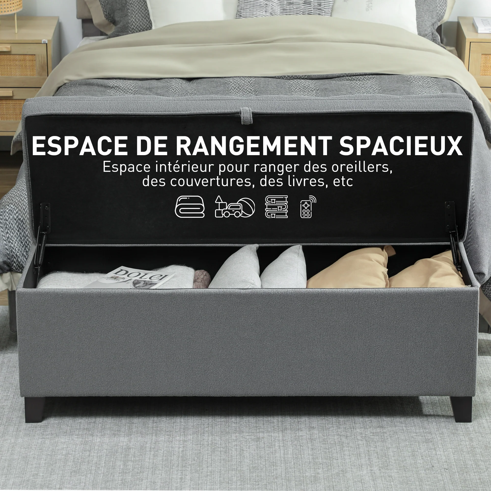 Banc de rangement 112L banquette bout de lit coffre de rangement avec siège capitonné, tissu de lin, pour salon, chambre, entrée, 120 x 40 x 48 cm, gris foncé - Image 5