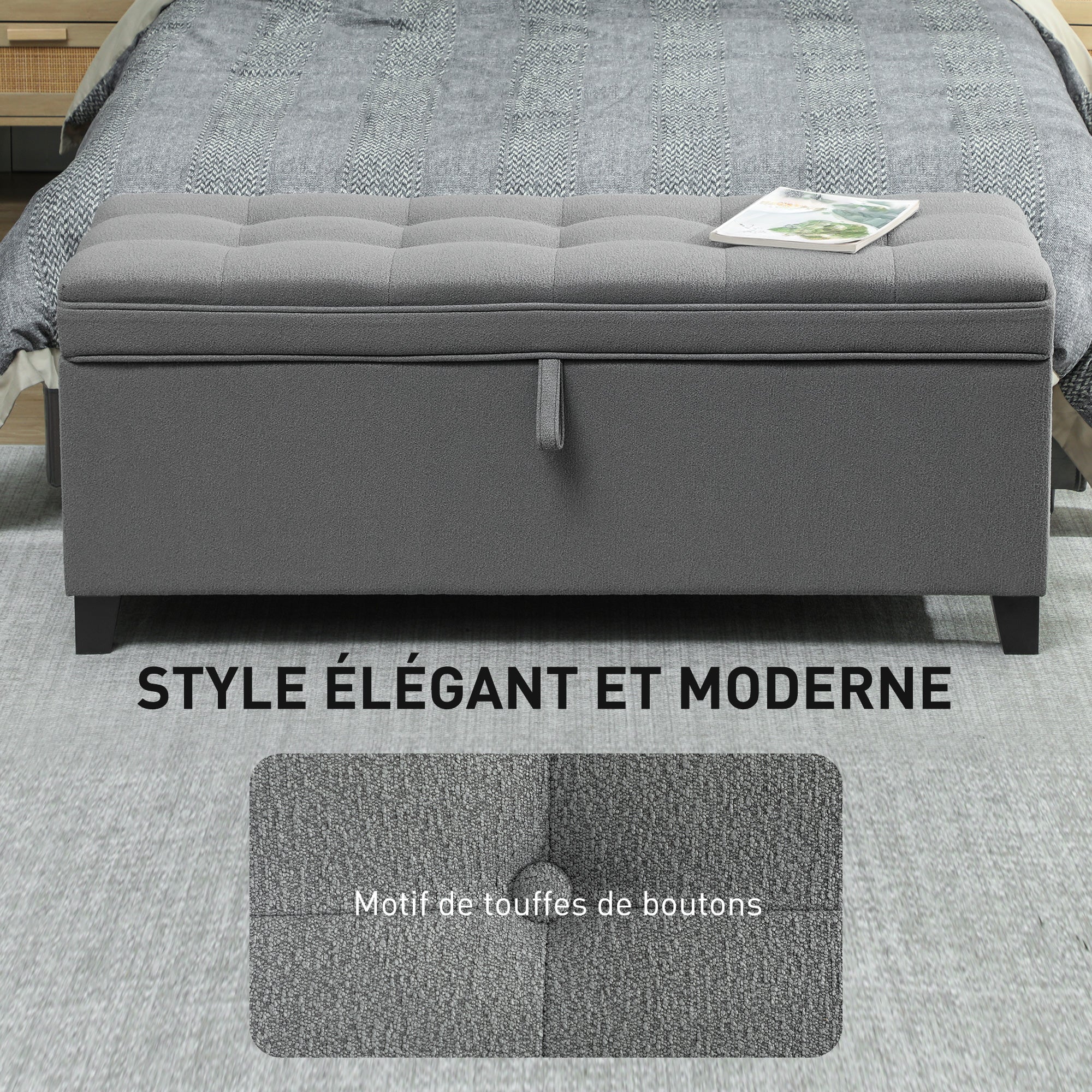 Banc de rangement 112L banquette bout de lit coffre de rangement avec siège capitonné, tissu de lin, pour salon, chambre, entrée, 120 x 40 x 48 cm, gris foncé - Image 7