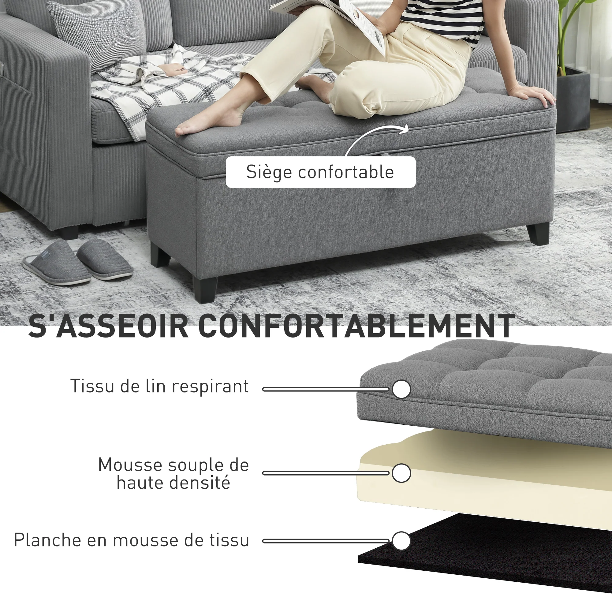 Banc de rangement 112L banquette bout de lit coffre de rangement avec siège capitonné, tissu de lin, pour salon, chambre, entrée, 120 x 40 x 48 cm, gris foncé - Image 8