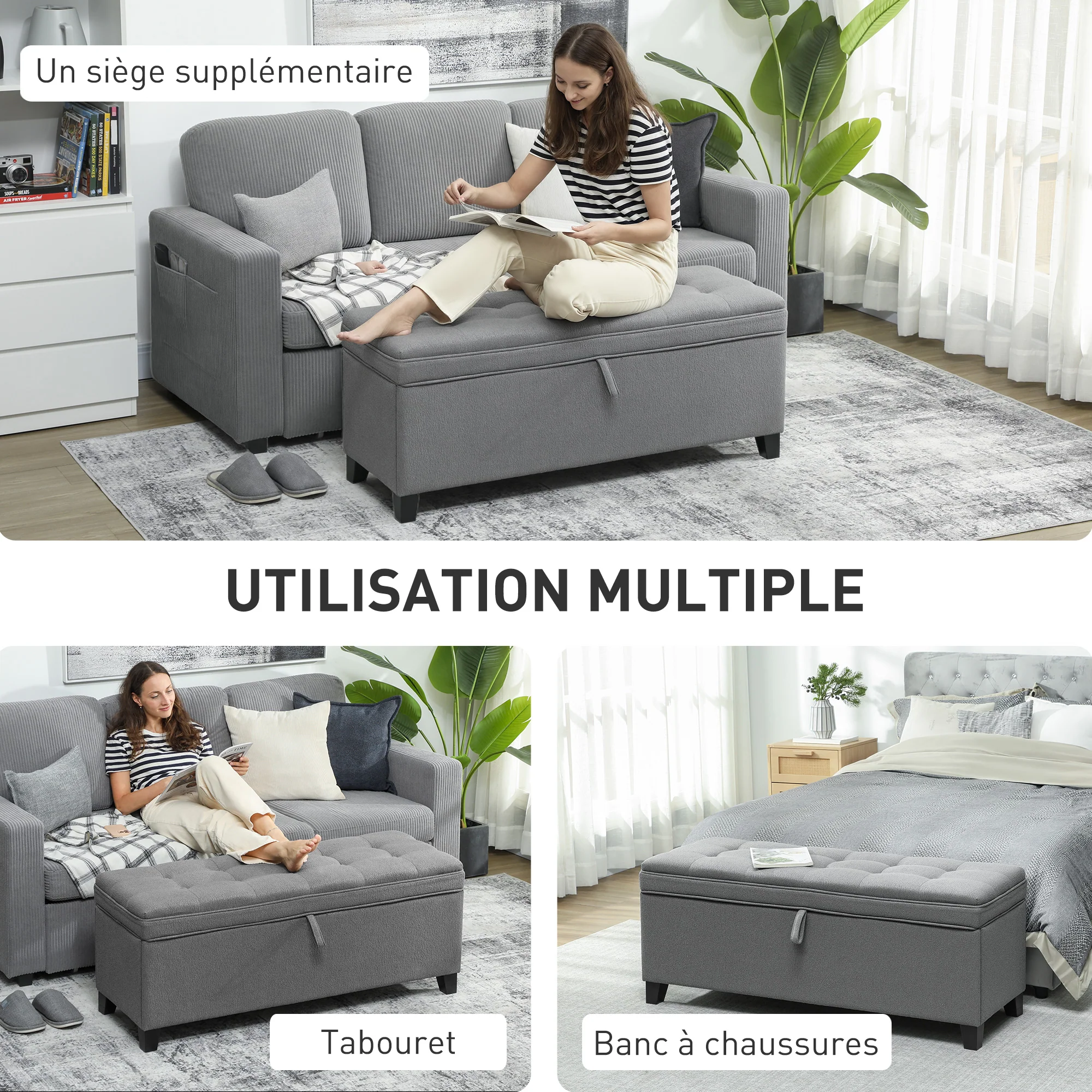 Banc de rangement 112L banquette bout de lit coffre de rangement avec siège capitonné, tissu de lin, pour salon, chambre, entrée, 120 x 40 x 48 cm, gris foncé - Image 9
