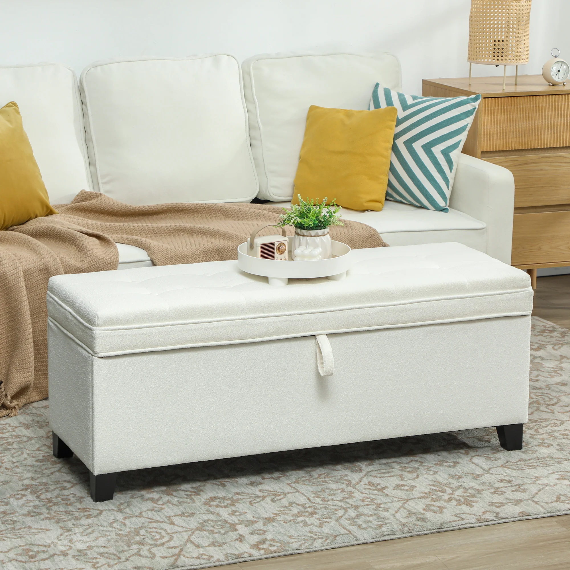 Banc de rangement 112L banquette bout de lit coffre de rangement avec siège capitonné, tissu de lin, pour salon, chambre, entrée, 120 x 40 x 48 cm, crème - Image 3
