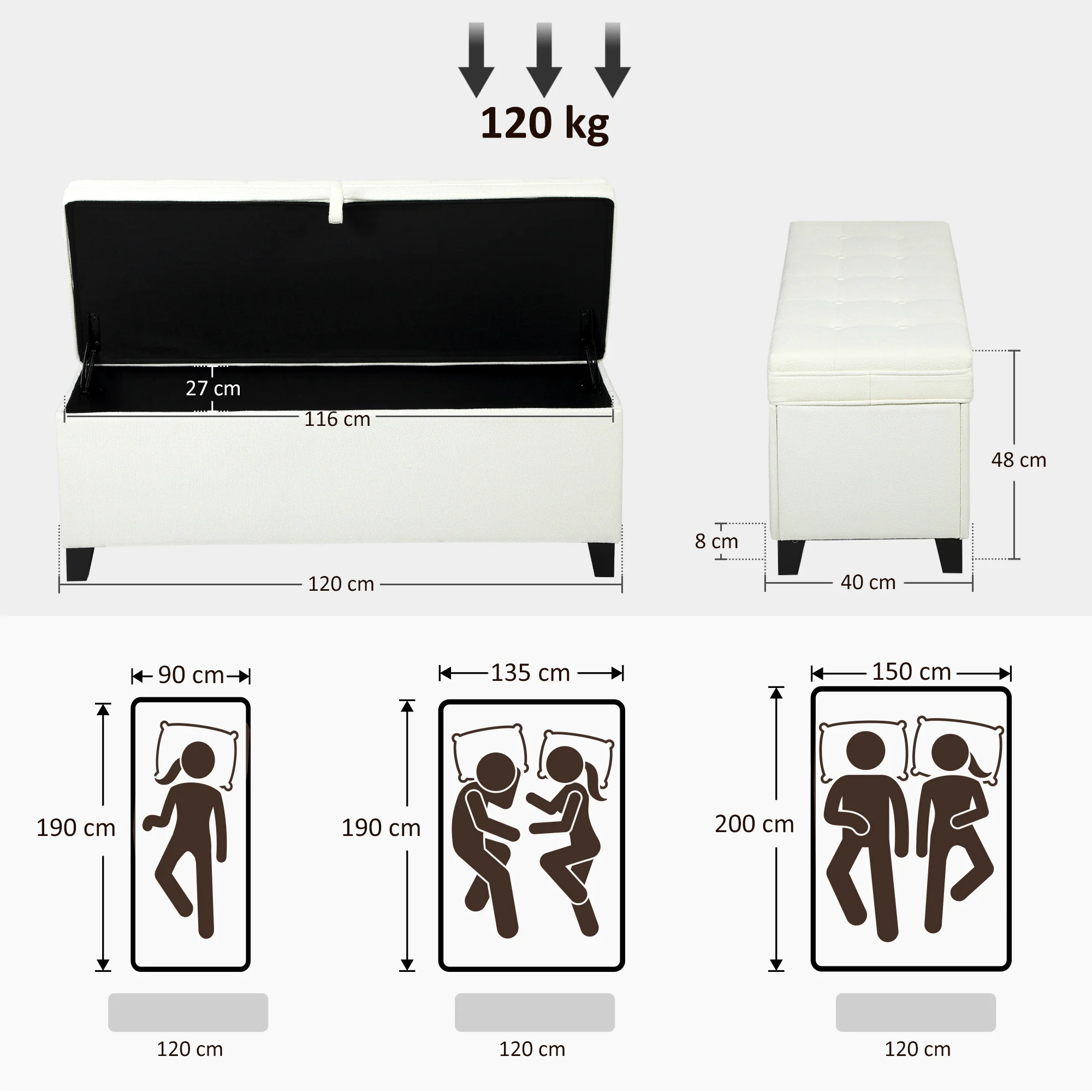 Banc de rangement 112L banquette bout de lit coffre de rangement avec siège capitonné, tissu de lin, pour salon, chambre, entrée, 120 x 40 x 48 cm, crème - Image 4