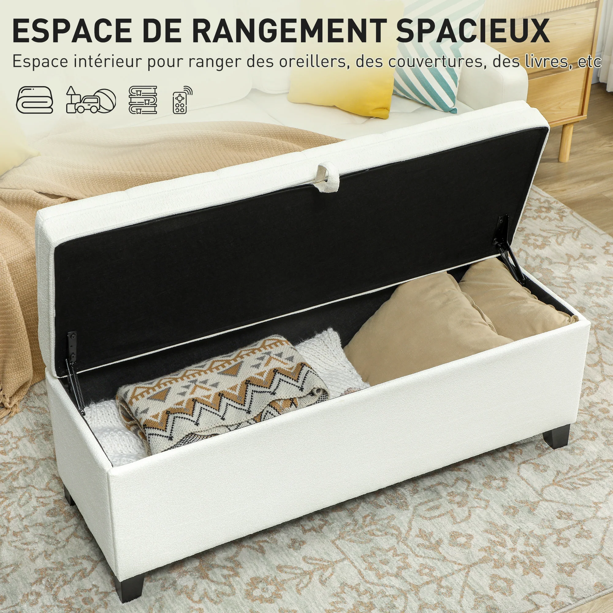 Banc de rangement 112L banquette bout de lit coffre de rangement avec siège capitonné, tissu de lin, pour salon, chambre, entrée, 120 x 40 x 48 cm, crème - Image 5