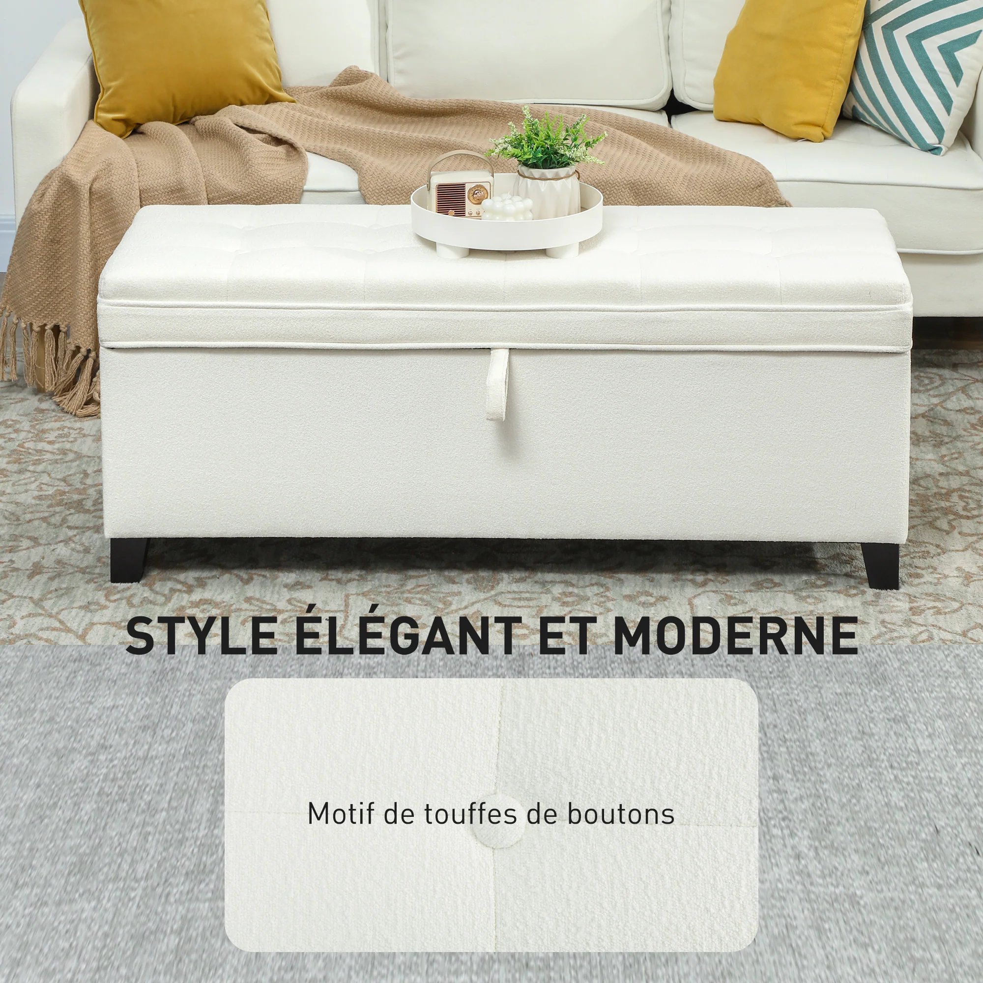 Banc de rangement 112L banquette bout de lit coffre de rangement avec siège capitonné, tissu de lin, pour salon, chambre, entrée, 120 x 40 x 48 cm, crème - Image 7