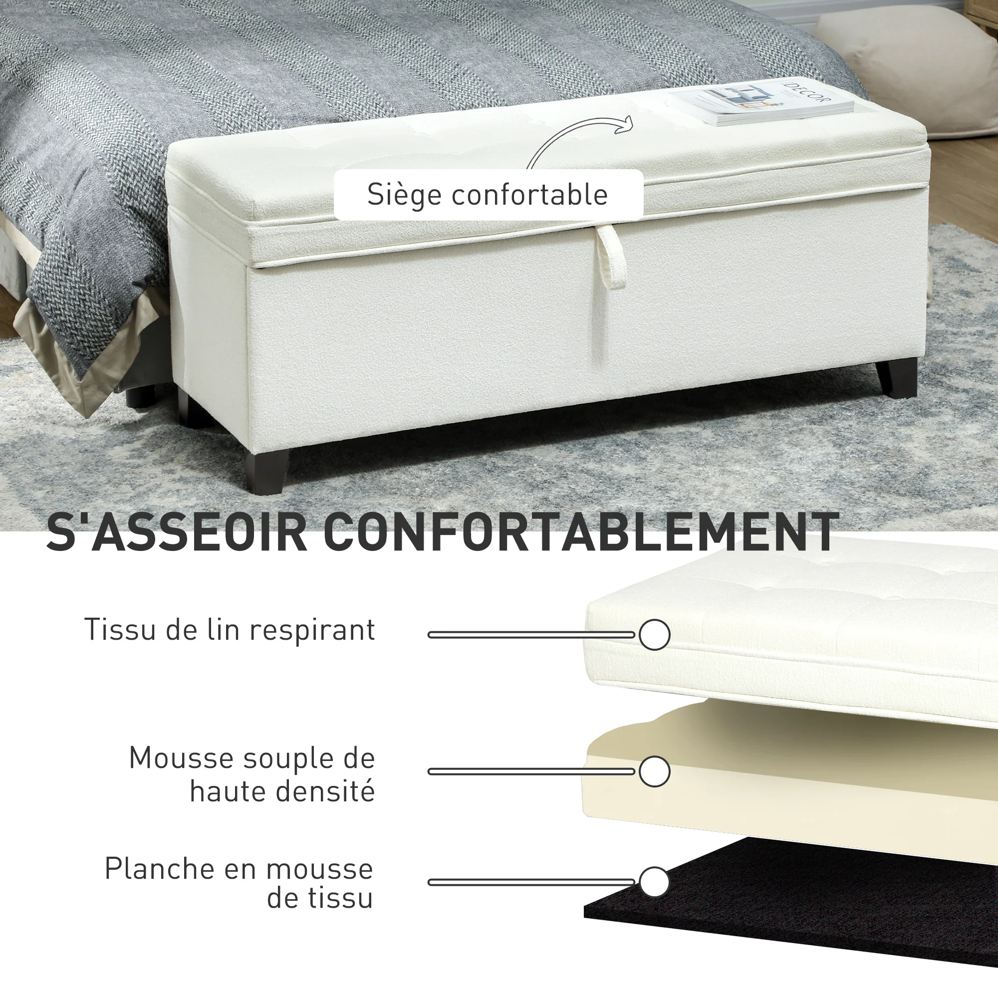 Banc de rangement 112L banquette bout de lit coffre de rangement avec siège capitonné, tissu de lin, pour salon, chambre, entrée, 120 x 40 x 48 cm, crème - Image 8