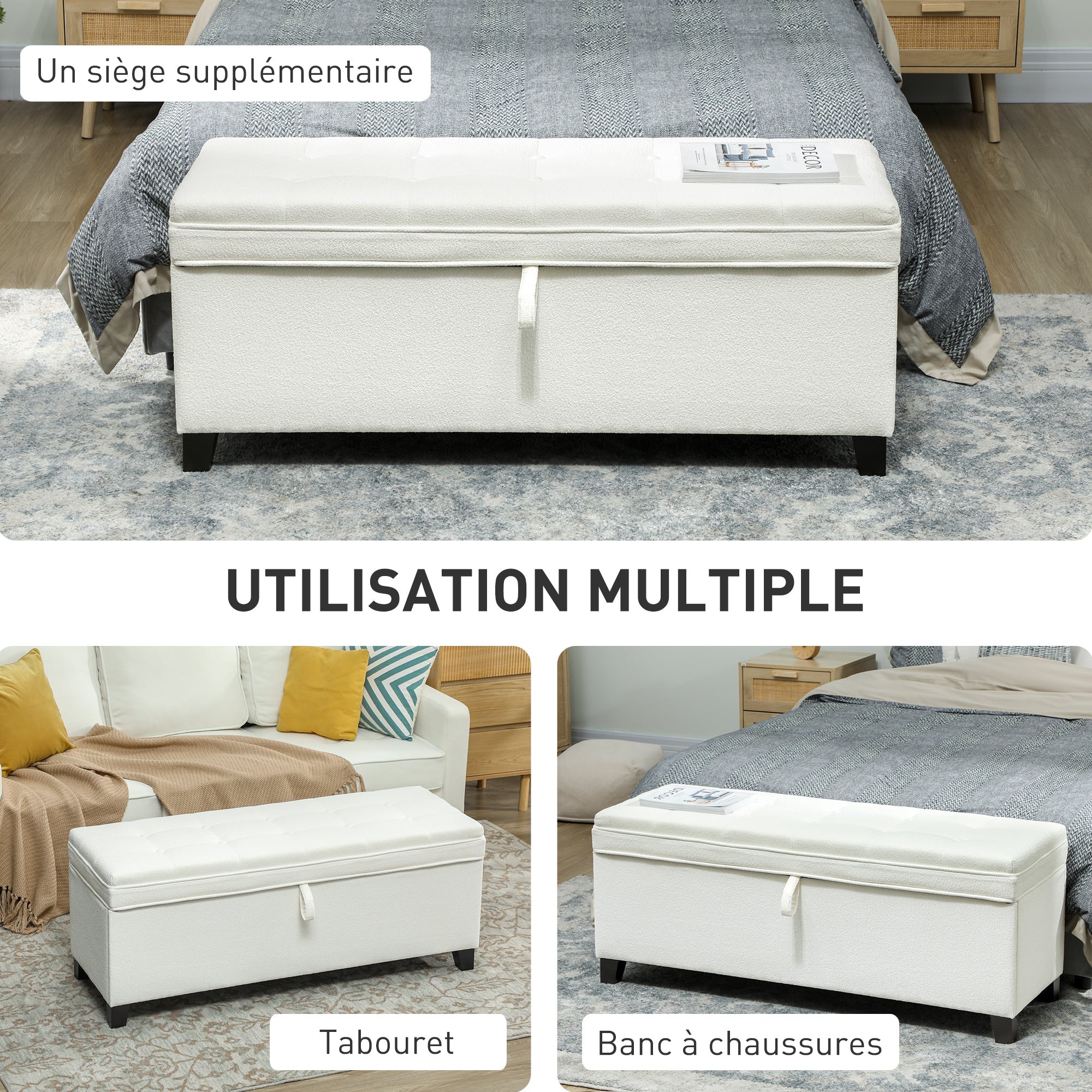 Banc de rangement 112L banquette bout de lit coffre de rangement avec siège capitonné, tissu de lin, pour salon, chambre, entrée, 120 x 40 x 48 cm, crème - Image 9