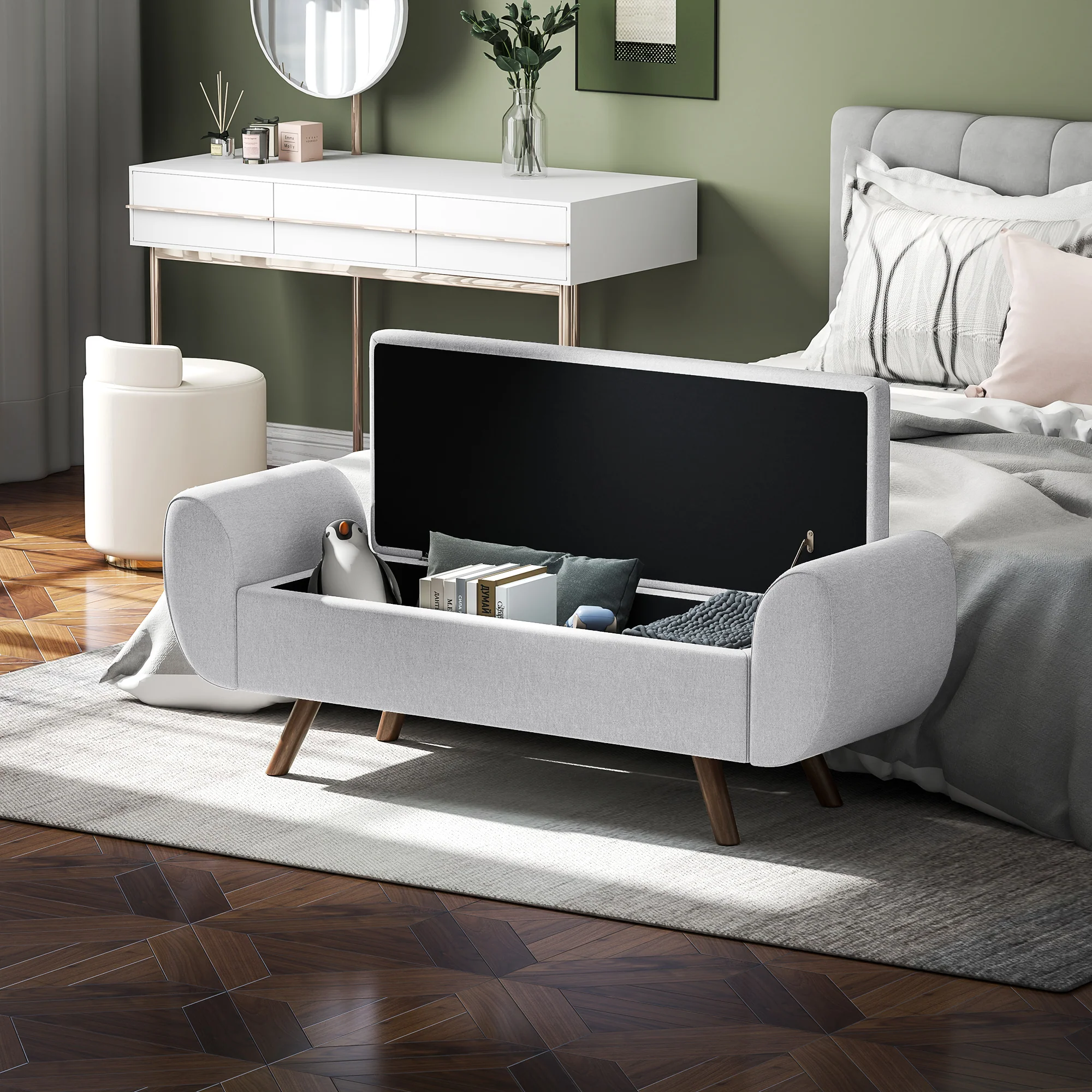 Banc de rangement 53,8L pouf salon bout de lit coffre de rangement repose-pieds avec siège rembourré en lin et accoudoirs, pour salon, chambre, entrée, 132 x 42 x 50 cm, gris - Image 10