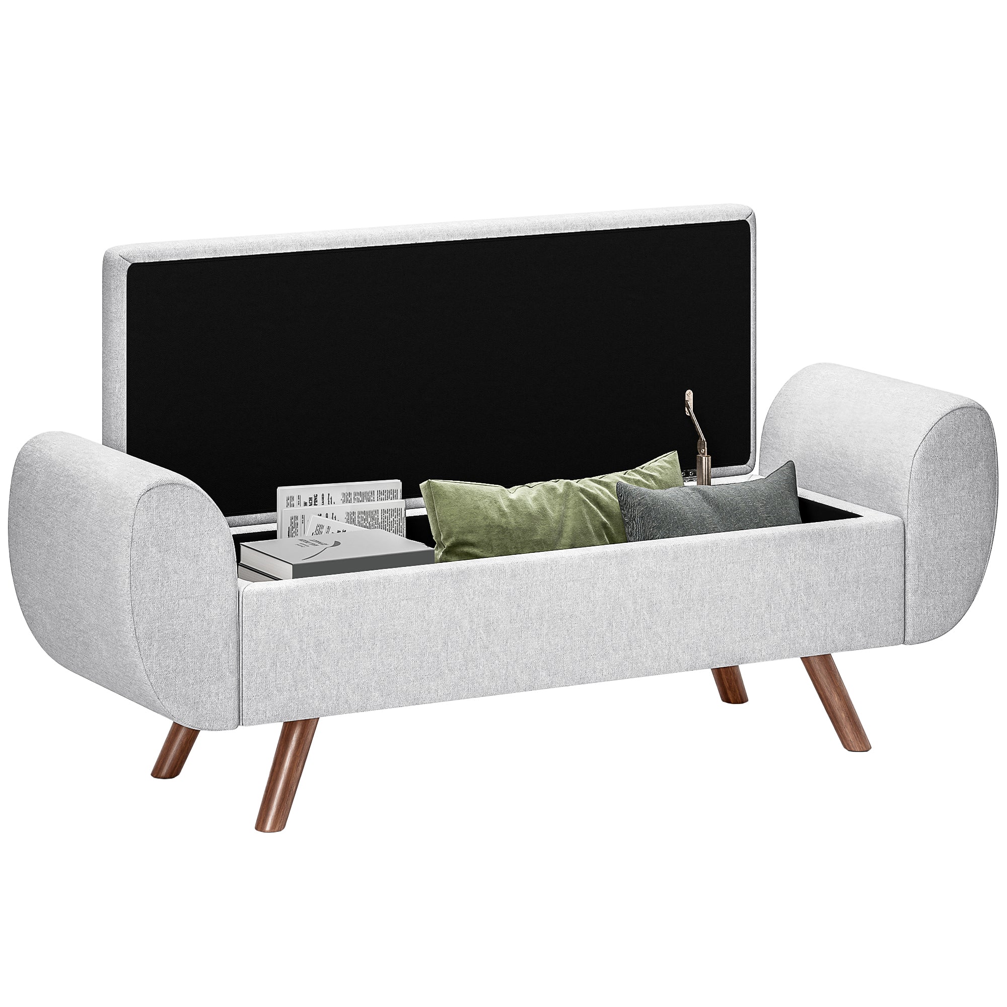 Banc de rangement 53,8L pouf salon bout de lit coffre de rangement repose-pieds avec siège rembourré en lin et accoudoirs, pour salon, chambre, entrée, 132 x 42 x 50 cm, gris - Image 11