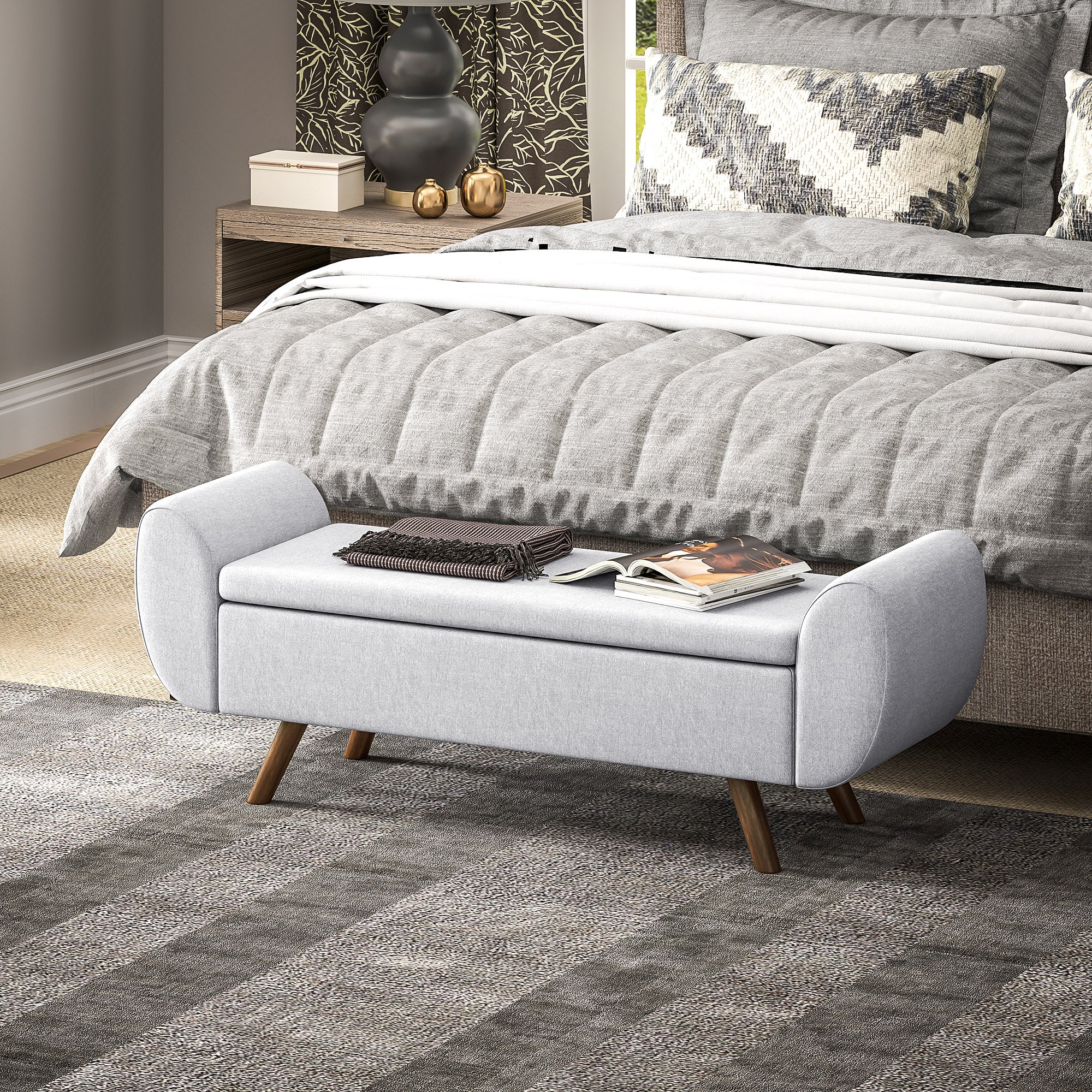 Banc de rangement 53,8L pouf salon bout de lit coffre de rangement repose-pieds avec siège rembourré en lin et accoudoirs, pour salon, chambre, entrée, 132 x 42 x 50 cm, gris - Image 3
