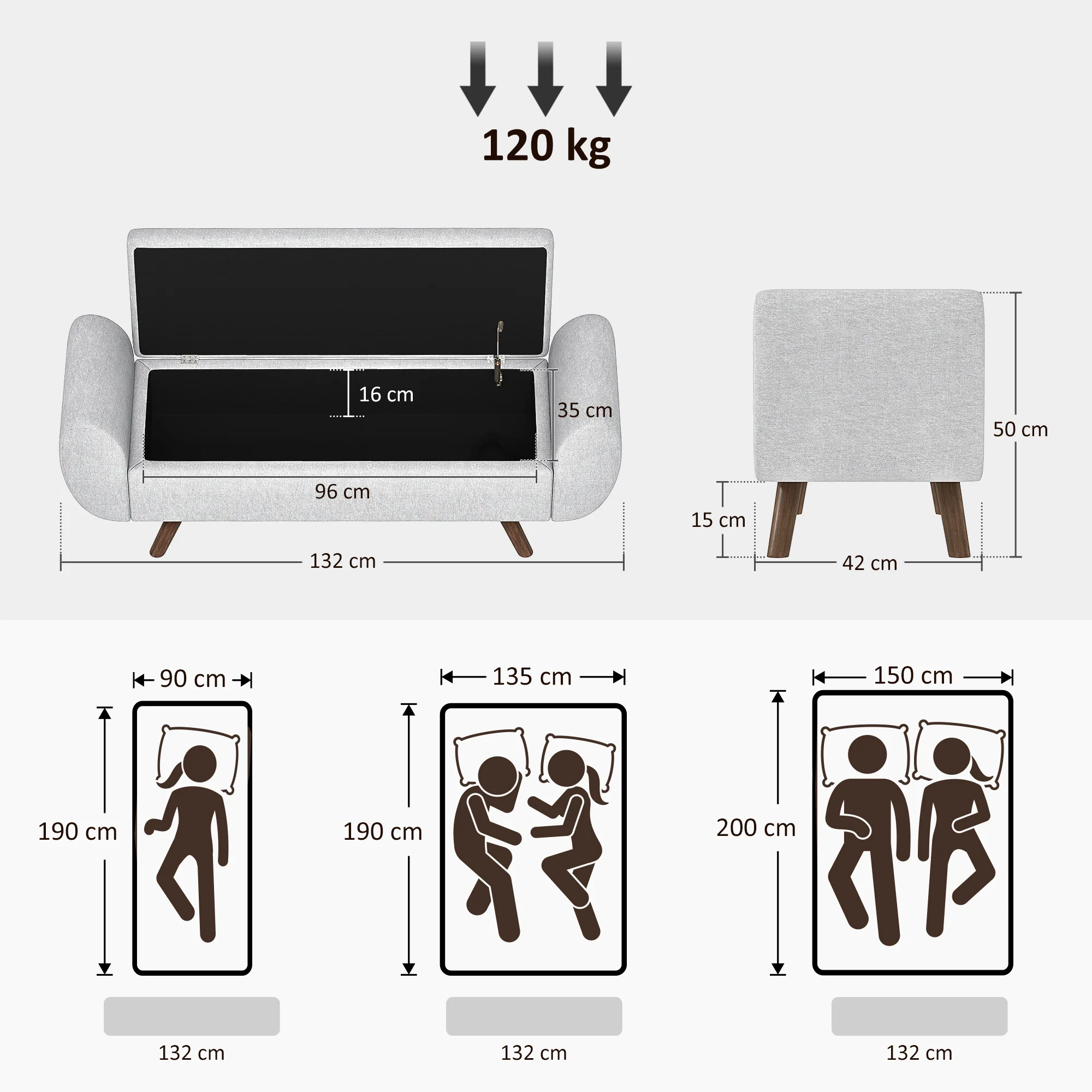 Banc de rangement 53,8L pouf salon bout de lit coffre de rangement repose-pieds avec siège rembourré en lin et accoudoirs, pour salon, chambre, entrée, 132 x 42 x 50 cm, gris - Image 4