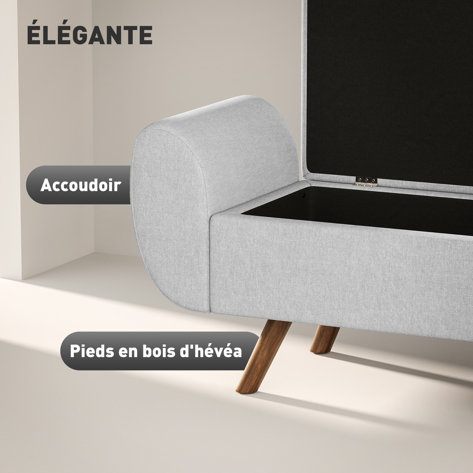 Banc de rangement 53,8L pouf salon bout de lit coffre de rangement repose-pieds avec siège rembourré en lin et accoudoirs, pour salon, chambre, entrée, 132 x 42 x 50 cm, gris - Image 5