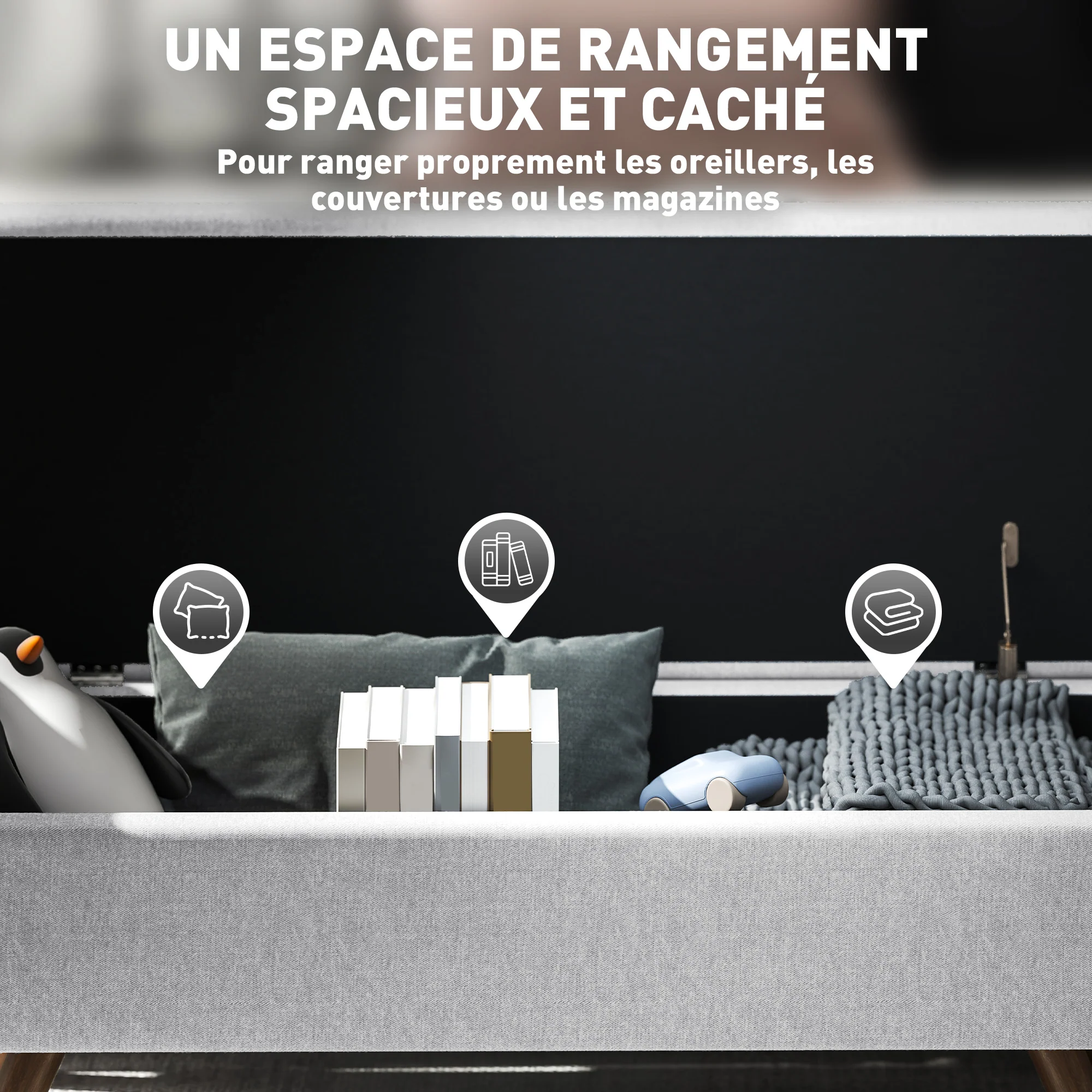 Banc de rangement 53,8L pouf salon bout de lit coffre de rangement repose-pieds avec siège rembourré en lin et accoudoirs, pour salon, chambre, entrée, 132 x 42 x 50 cm, gris - Image 6