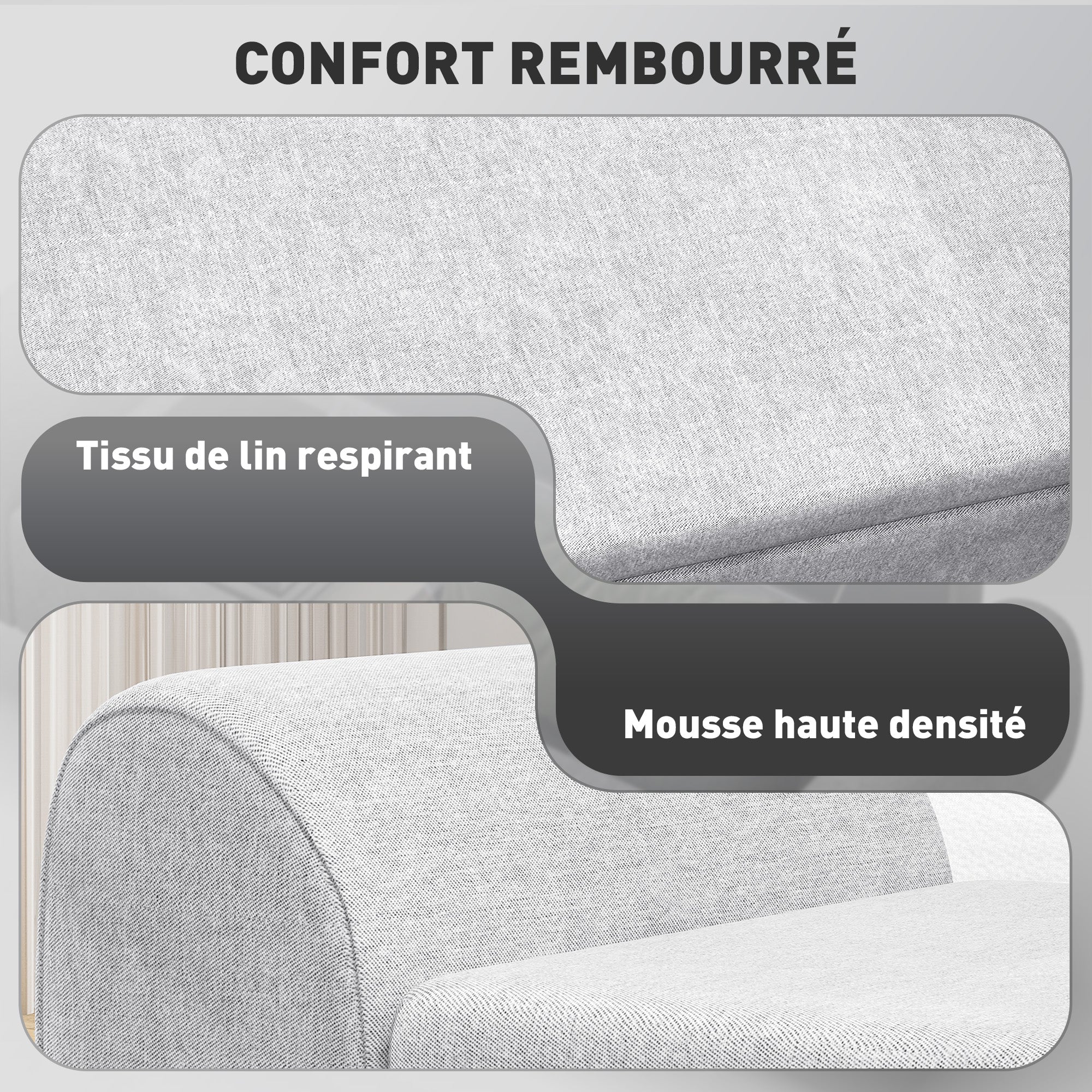Banc de rangement 53,8L pouf salon bout de lit coffre de rangement repose-pieds avec siège rembourré en lin et accoudoirs, pour salon, chambre, entrée, 132 x 42 x 50 cm, gris - Image 7