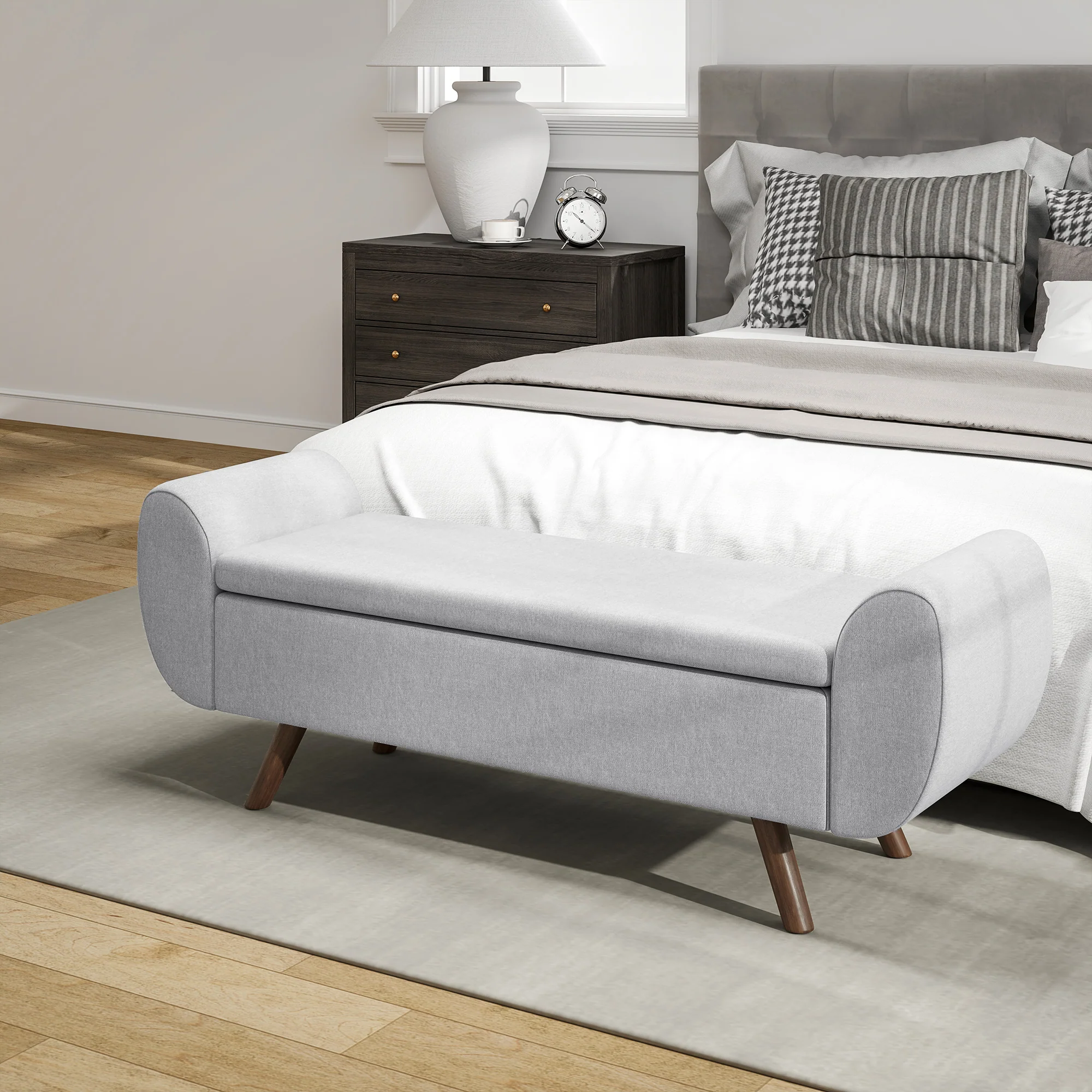 Banc de rangement 53,8L pouf salon bout de lit coffre de rangement repose-pieds avec siège rembourré en lin et accoudoirs, pour salon, chambre, entrée, 132 x 42 x 50 cm, gris - Image 9