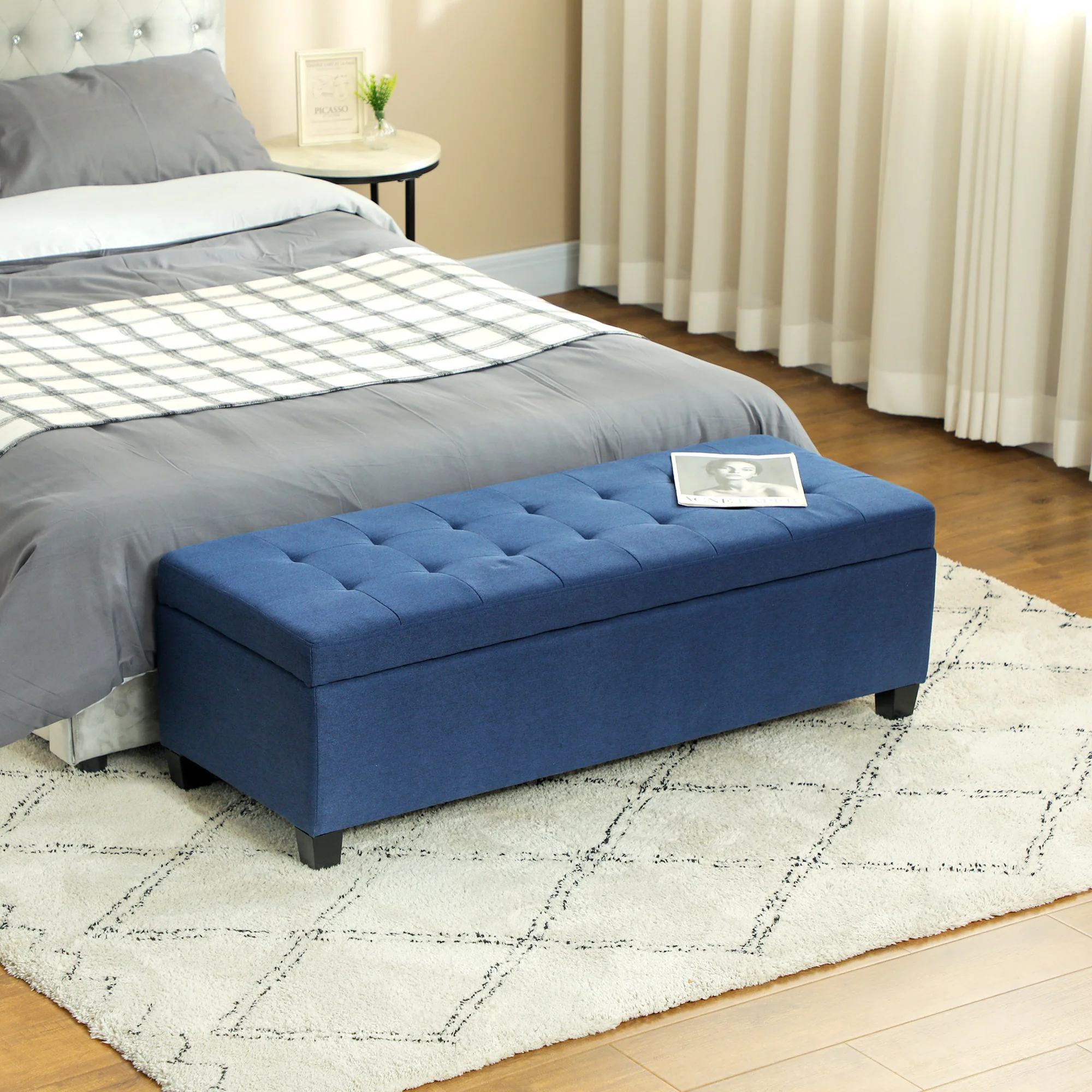 Banc de rangement 94,5L banquette bout de lit coffre de rangement avec siège capitonné en tissu aspect lin et pieds en bois, pour salon, chambre, entrée, 125 x 49 x 41,5 cm, bleu - Image 3