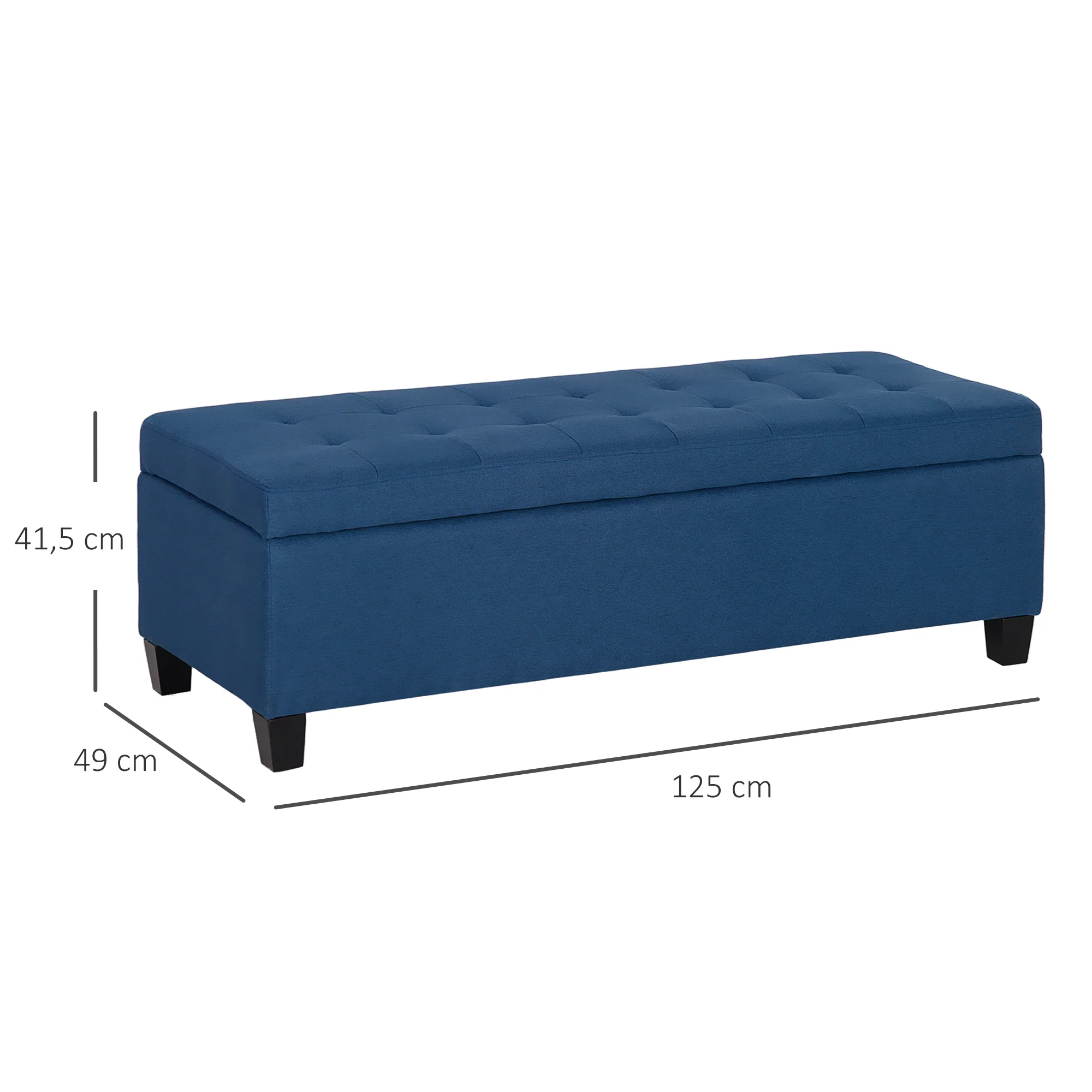Banc de rangement 94,5L banquette bout de lit coffre de rangement avec siège capitonné en tissu aspect lin et pieds en bois, pour salon, chambre, entrée, 125 x 49 x 41,5 cm, bleu - Image 4