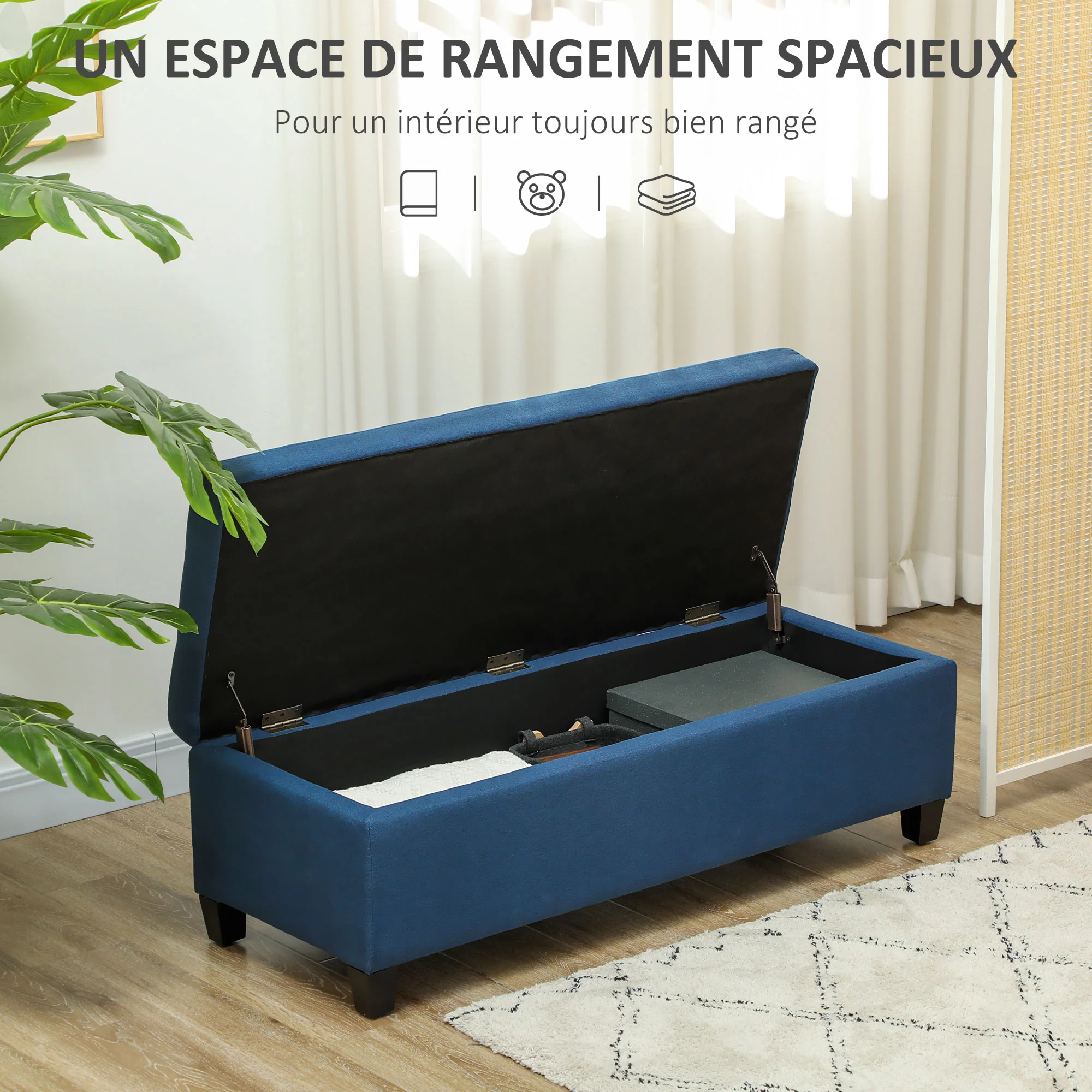 Banc de rangement 94,5L banquette bout de lit coffre de rangement avec siège capitonné en tissu aspect lin et pieds en bois, pour salon, chambre, entrée, 125 x 49 x 41,5 cm, bleu - Image 5