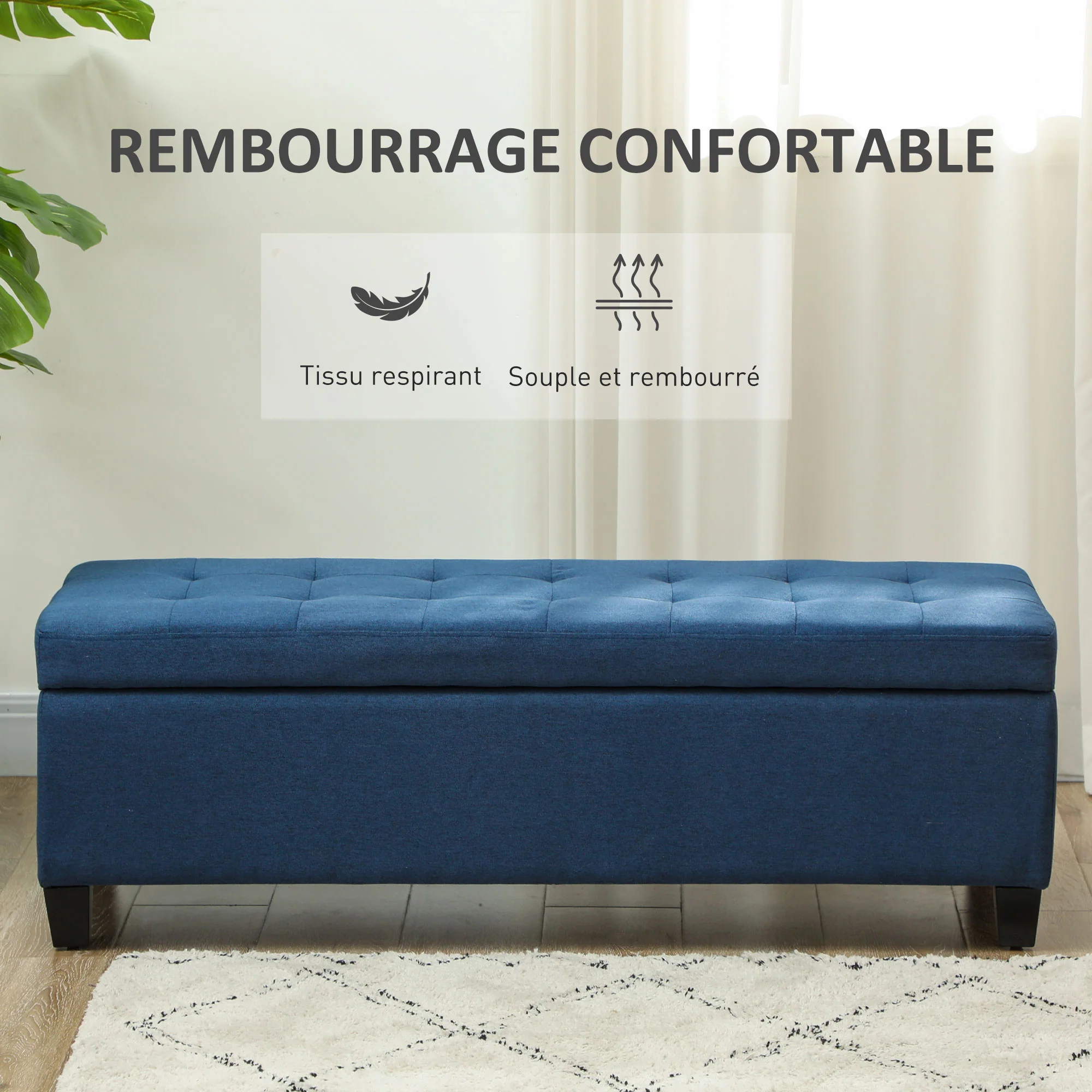 Banc de rangement 94,5L banquette bout de lit coffre de rangement avec siège capitonné en tissu aspect lin et pieds en bois, pour salon, chambre, entrée, 125 x 49 x 41,5 cm, bleu - Image 7