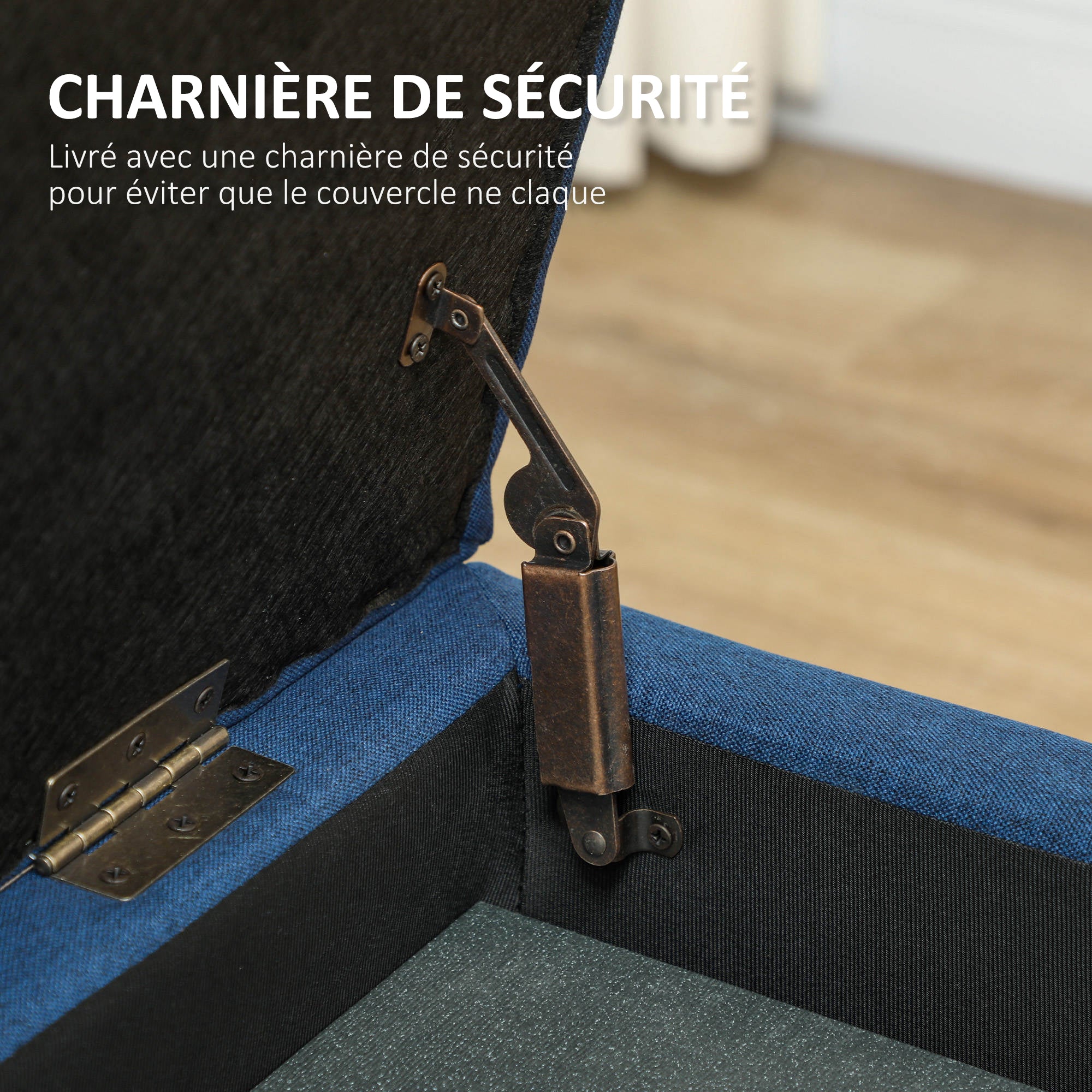 Banc de rangement 94,5L banquette bout de lit coffre de rangement avec siège capitonné en tissu aspect lin et pieds en bois, pour salon, chambre, entrée, 125 x 49 x 41,5 cm, bleu - Image 9