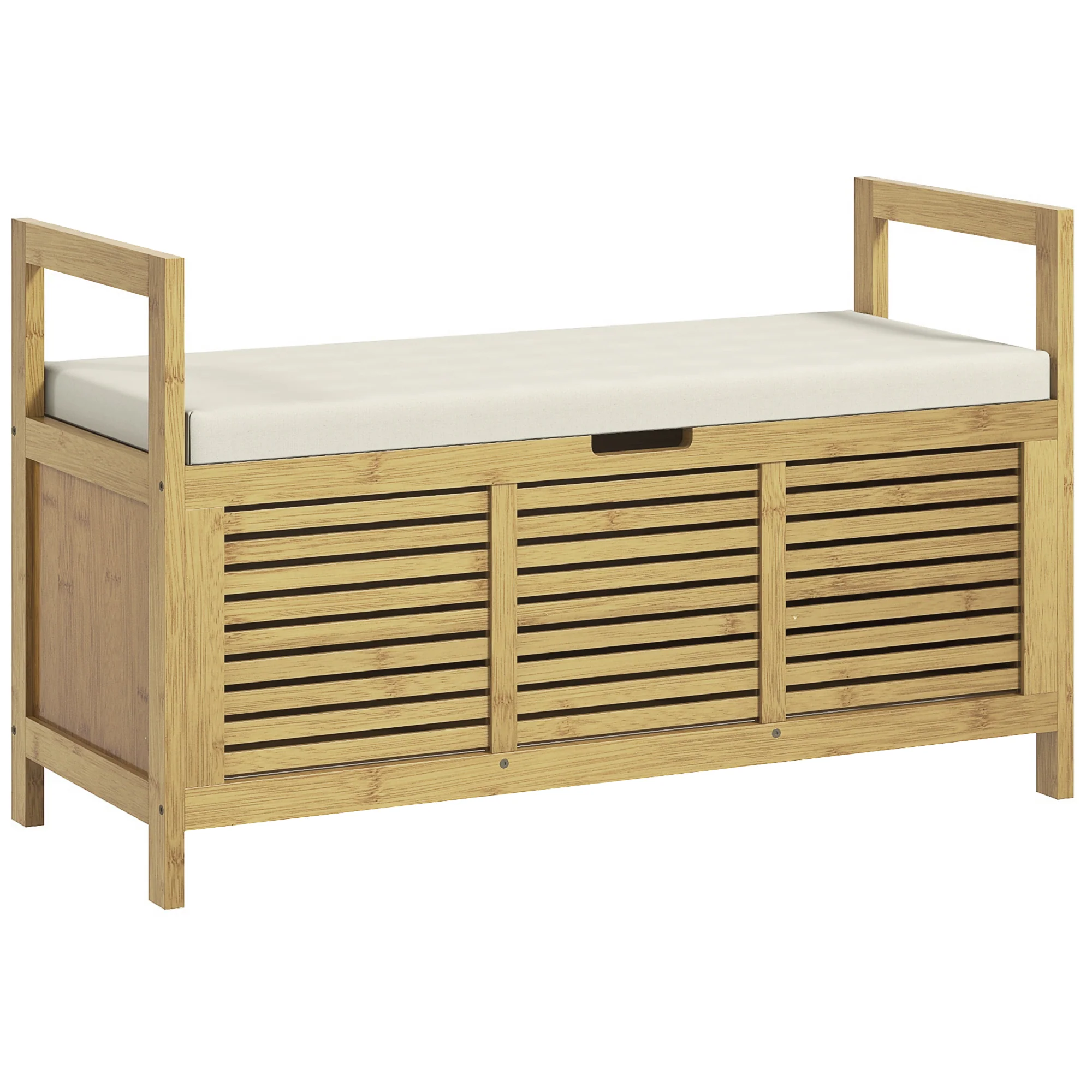 Banc de rangement Banc à Chaussures avec coussin d'assise, coffre de rangement caché sous l'assise, avec accoudoir, bambou, pour salon, entrée, chambre, 100 x 40 x 60 cm, naturel - Image 11