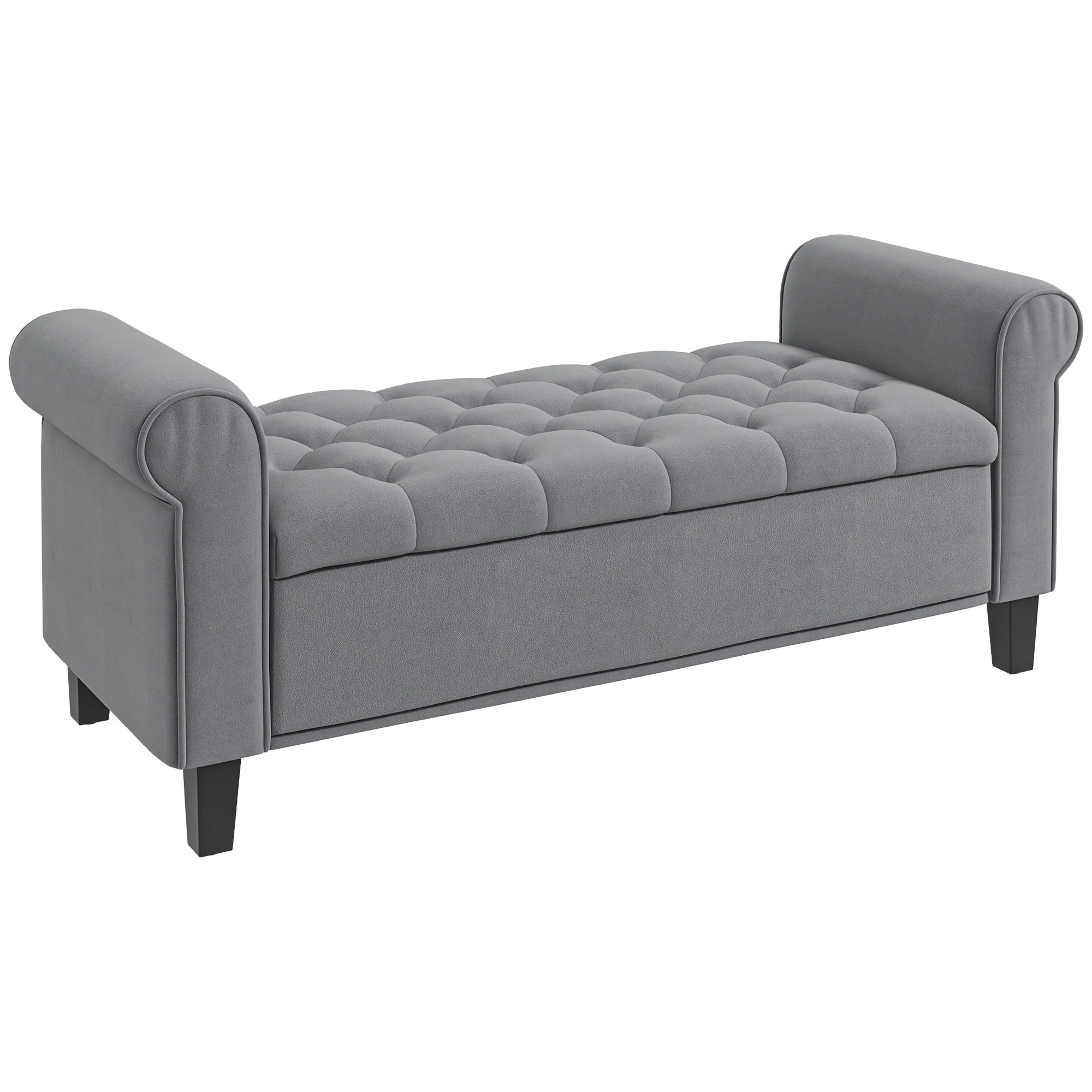 Banc de rangement bout de lit avec accoudoirs, coffre de rangement en tissu velours rembourré et capitonné, charge jusqu'à 220 kg, pour salon, chambre, entrée, 126 x 48,5 x 57 cm, gris - Image 11